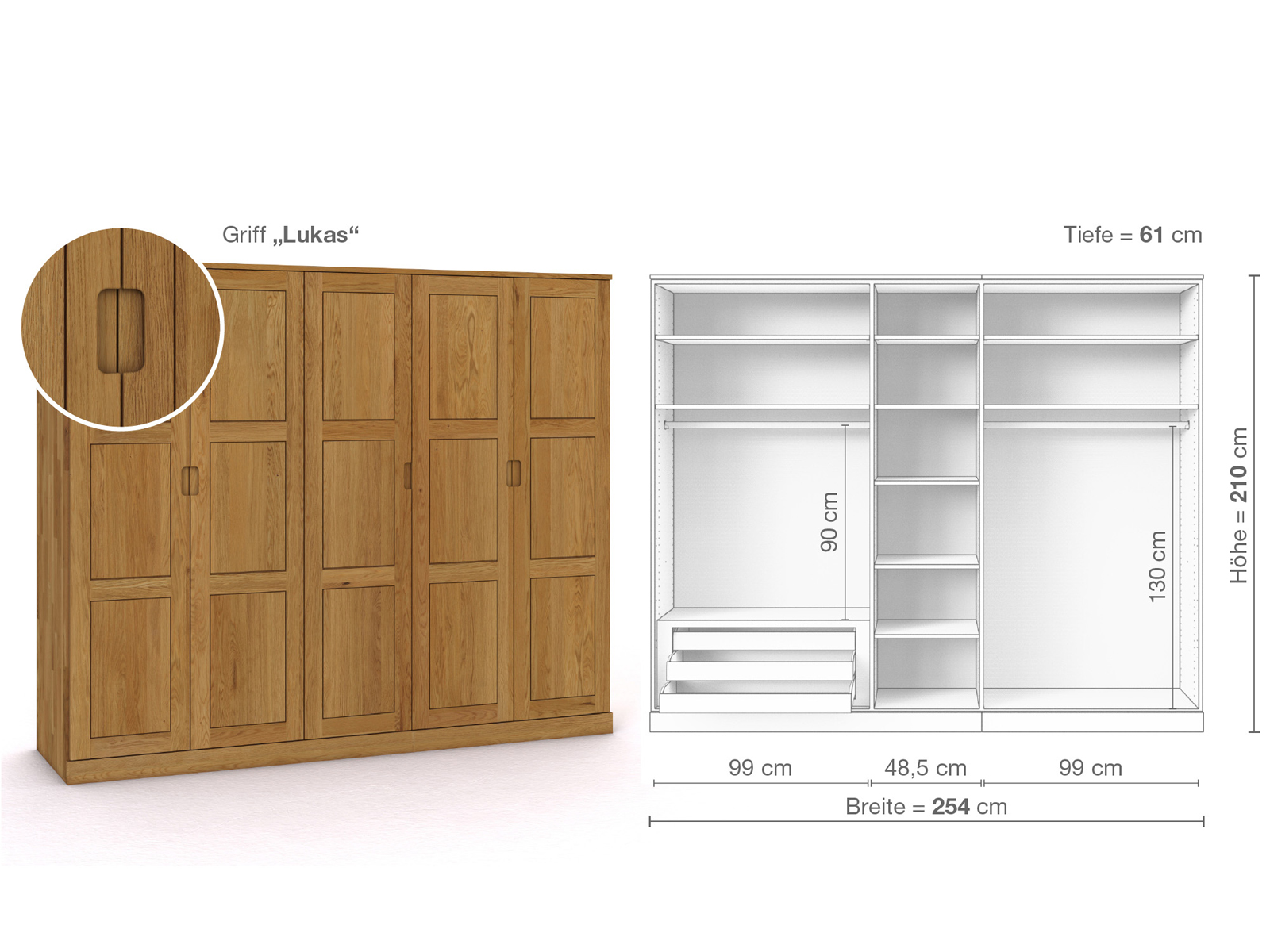 Eichenschrank „Enzian“, 5-türig, Höhe 210 cm, Griffausführung „Lukas“, Inneneinrichtung C