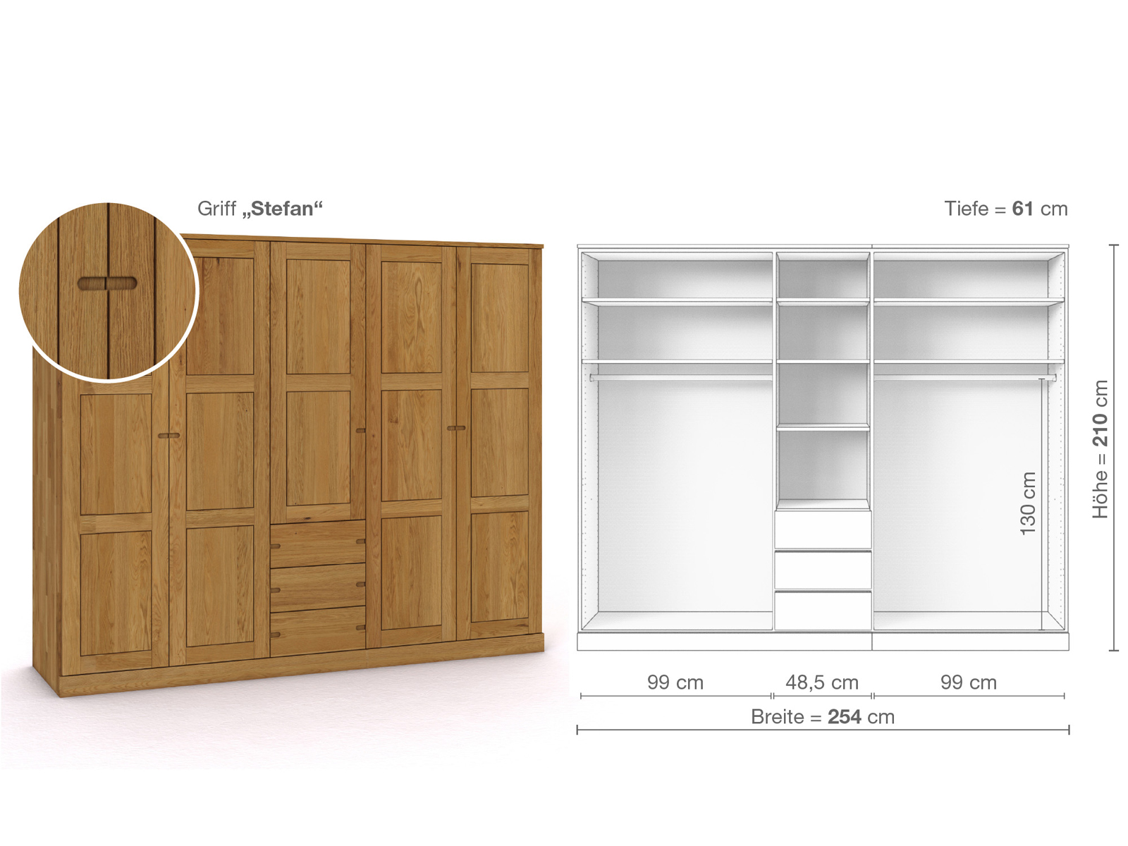 Eichenschrank „Enzian“, 5-türig, Höhe 210 cm, Griffausführung „Stefan“, Inneneinrichtung E