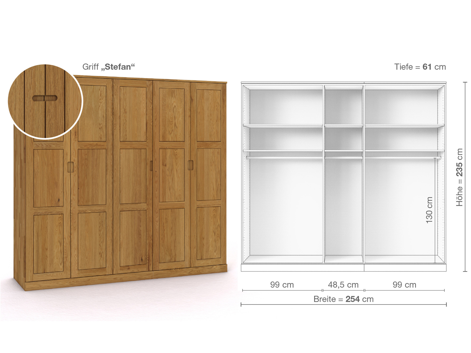 Eichenschrank „Enzian“, 5-türig, Höhe 235 cm, Griffausführung „Stefan“, Inneneinrichtung A