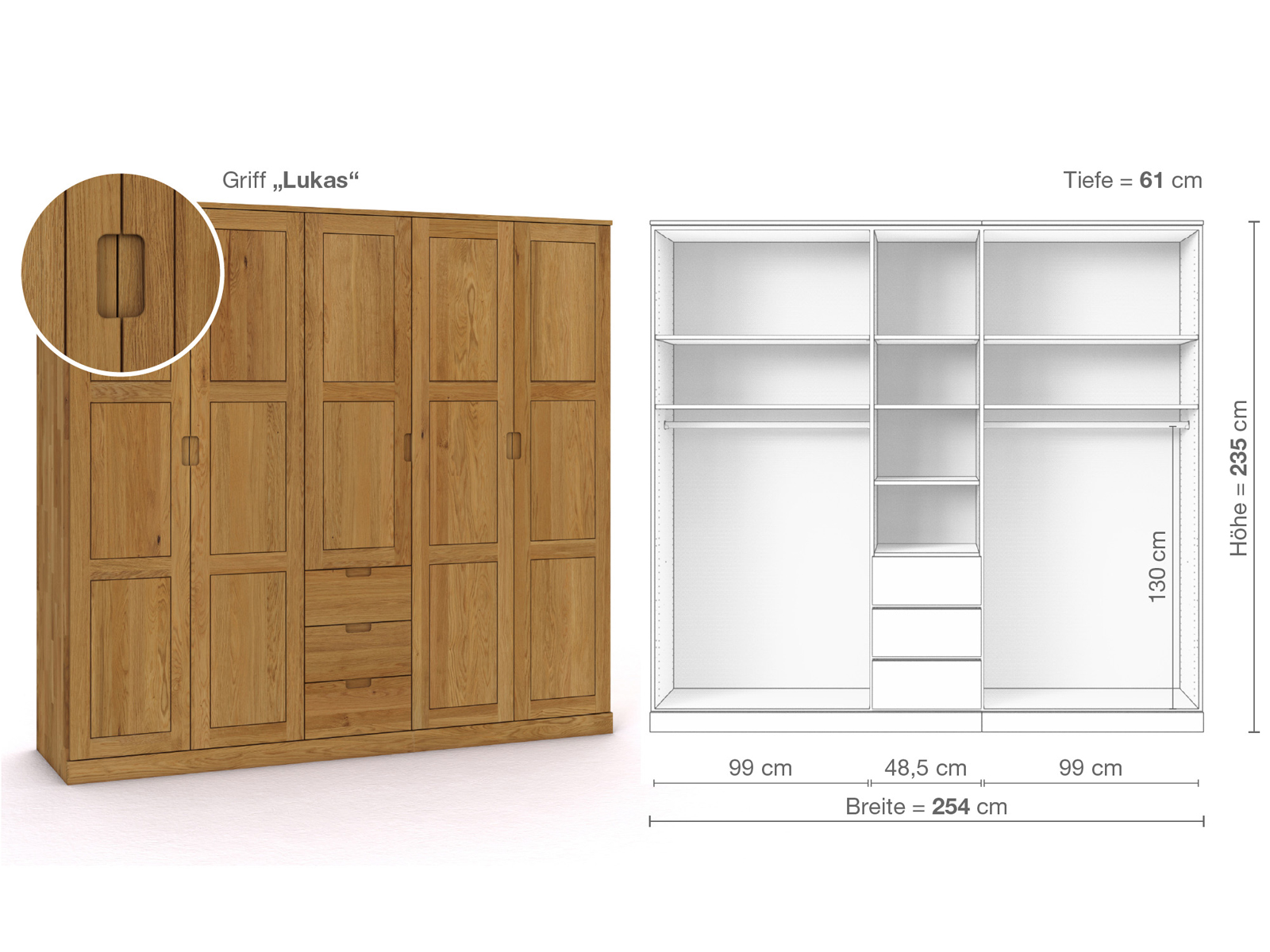 Eichenschrank „Enzian“, 5-türig, Höhe 235 cm, Griffausführung „Lukas“, Inneneinrichtung E