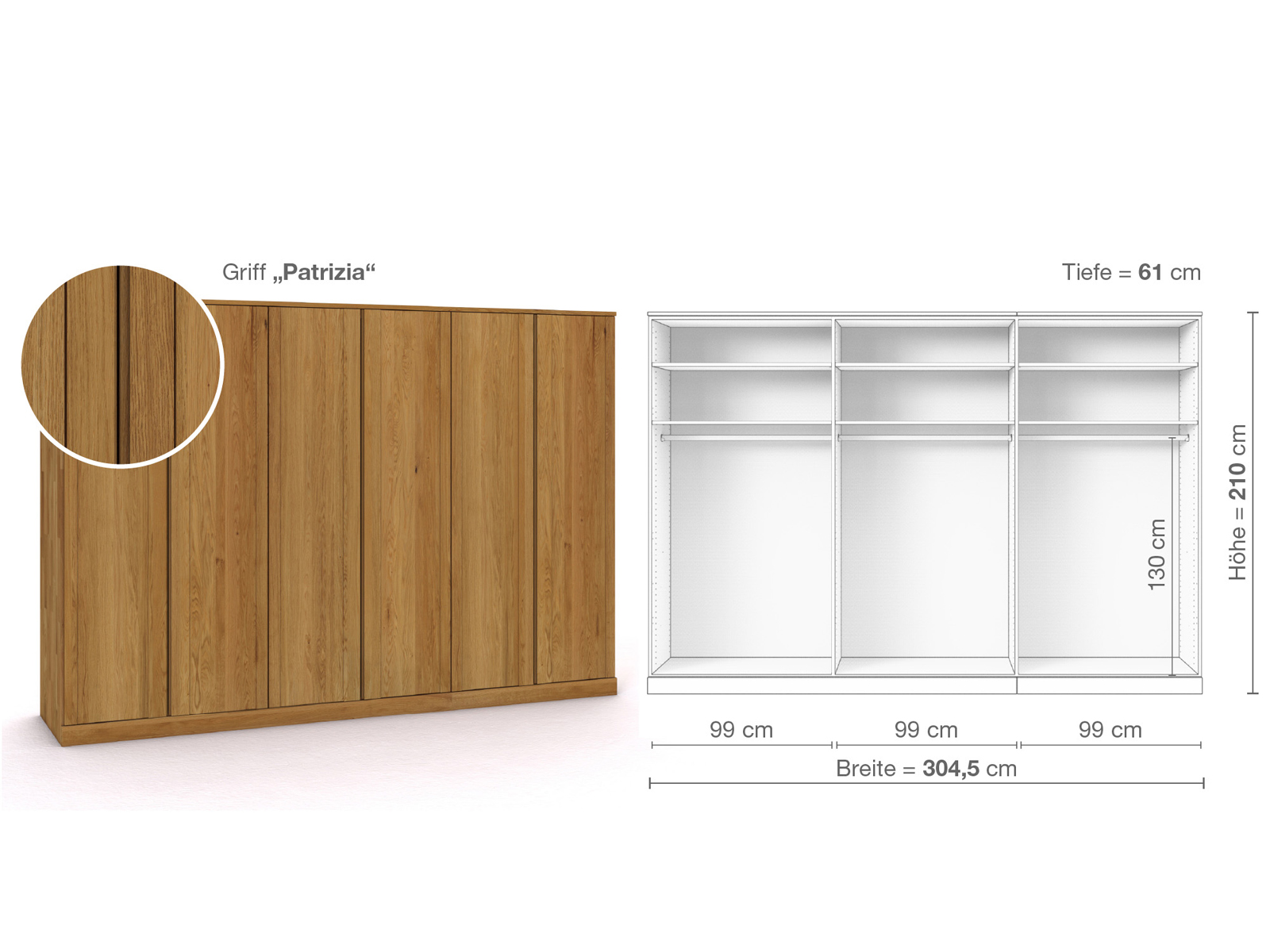 Eichenschrank „Arnika“, 6-türig, Höhe 210 cm, Griffausführung „Patrizia“, Inneneinrichtung A