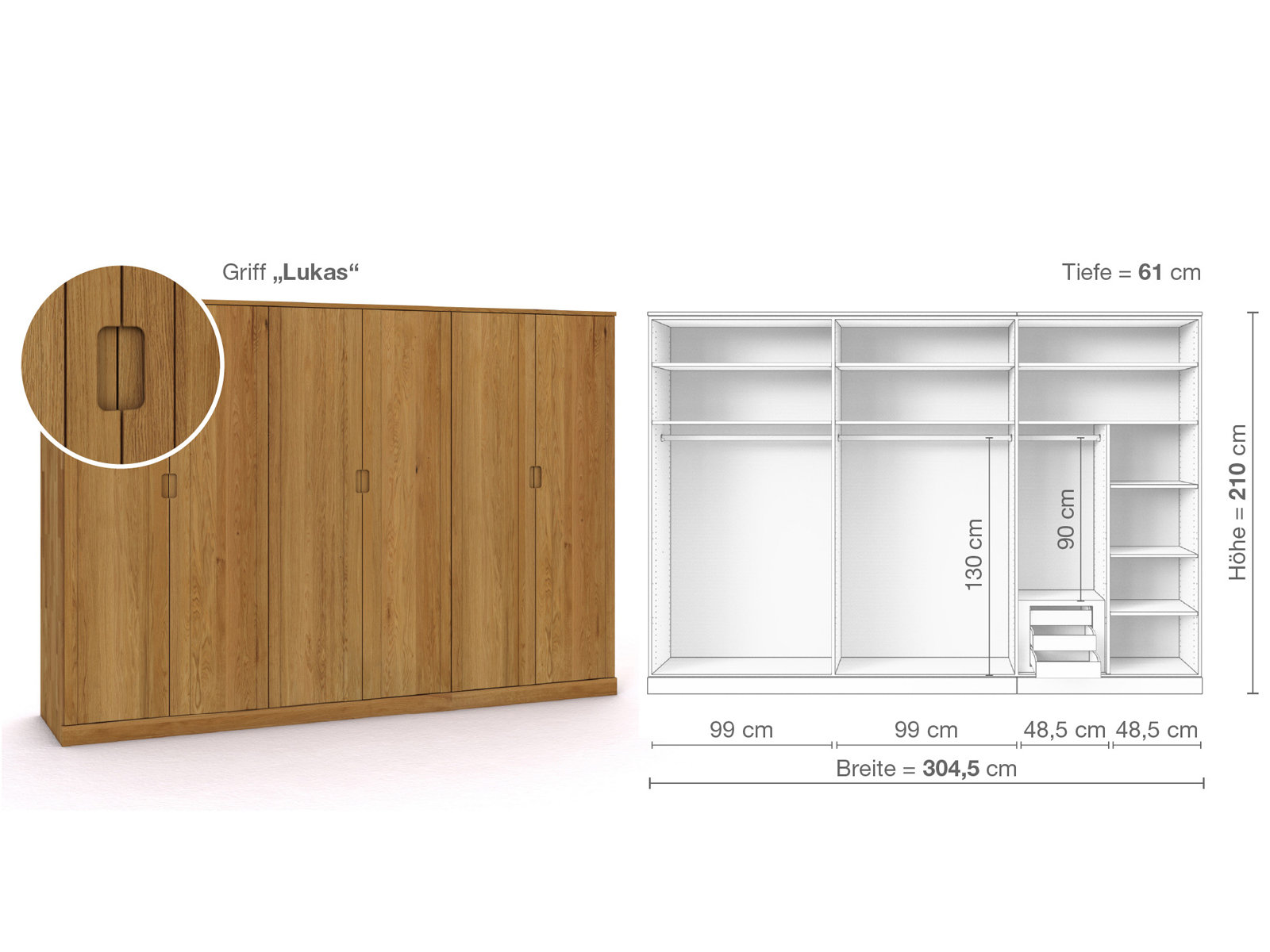 Eichenschrank „Arnika“, 6-türig, Höhe 210 cm, Griffausführung „Lukas“, Inneneinrichtung C