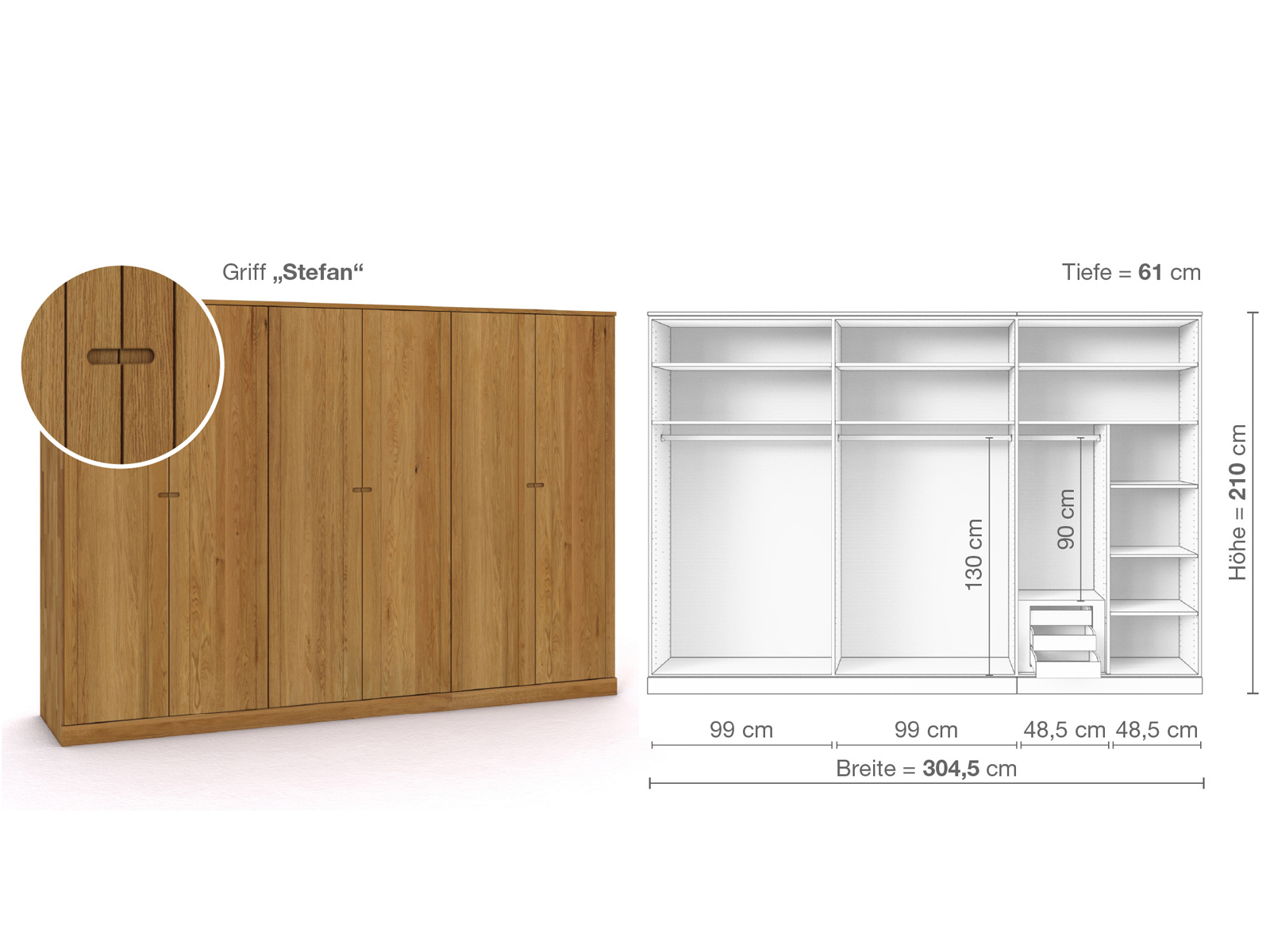 Eichenschrank „Arnika“, 6-türig, Höhe 210 cm, Griffausführung „Stefan“, Inneneinrichtung C