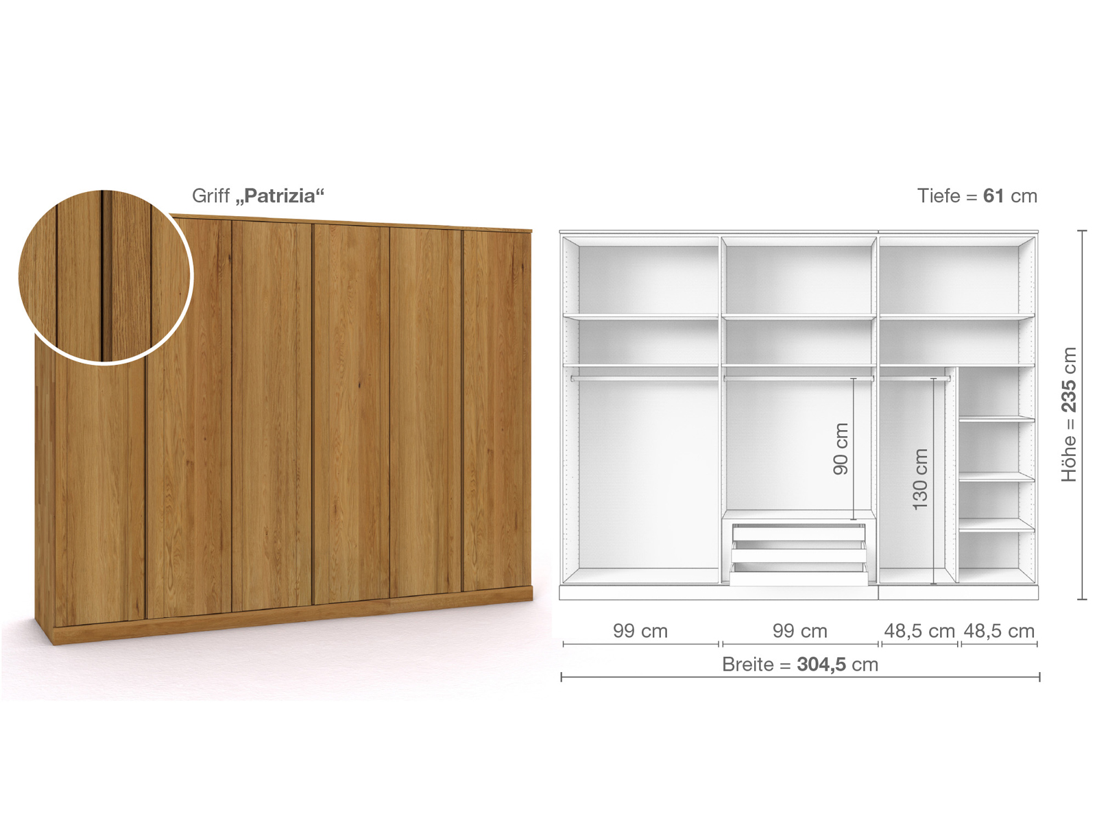 Eichenschrank „Arnika“, 6-türig, Höhe 235 cm, Griffausführung „Patrizia“, Inneneinrichtung B