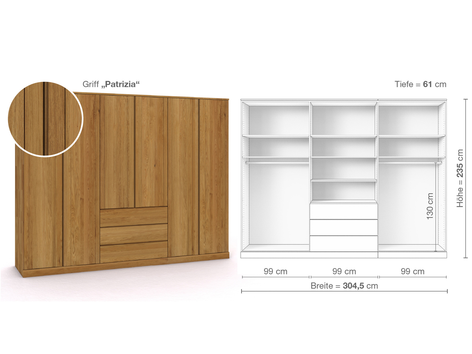 Eichenschrank „Arnika“, 6-türig, Höhe 235 cm, Griffausführung „Patrizia“, Inneneinrichtung D