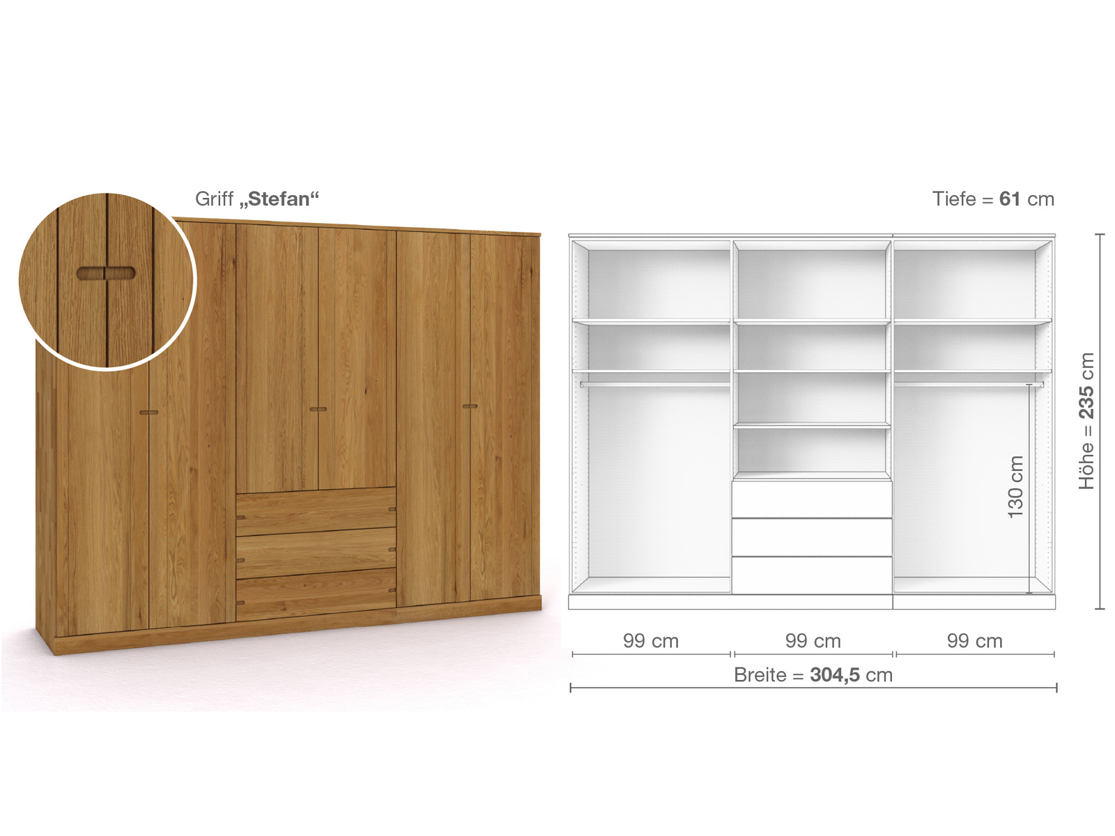 Eichenschrank „Arnika“, 6-türig, Höhe 235 cm, Griffausführung „Stefan“, Inneneinrichtung D