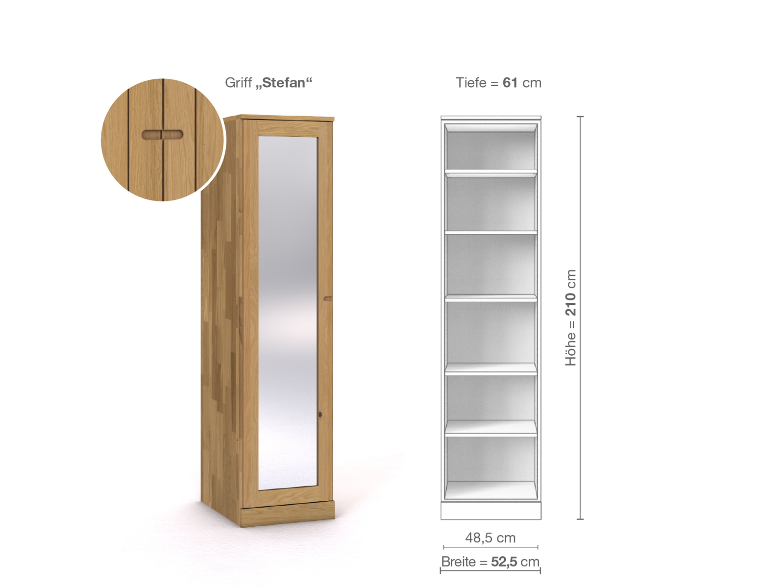 Schrank „Alpenrose“ aus Eiche Hell, 1-türig, Höhe 210 cm, Griffausführung „Stefan“, Inneneinrichtung B, Türanschlag links