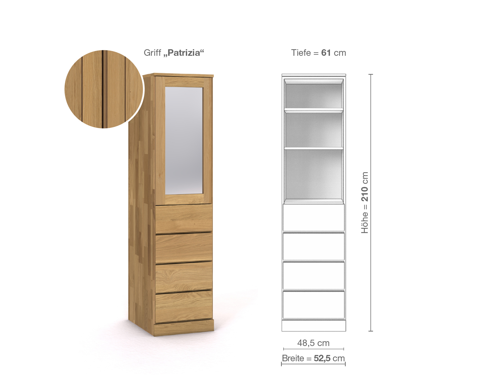 Schrank „Alpenrose“ aus Eiche Hell, 1-türig, Höhe 210 cm, Griffausführung „Patrizia“, Inneneinrichtung D, Türanschlag links