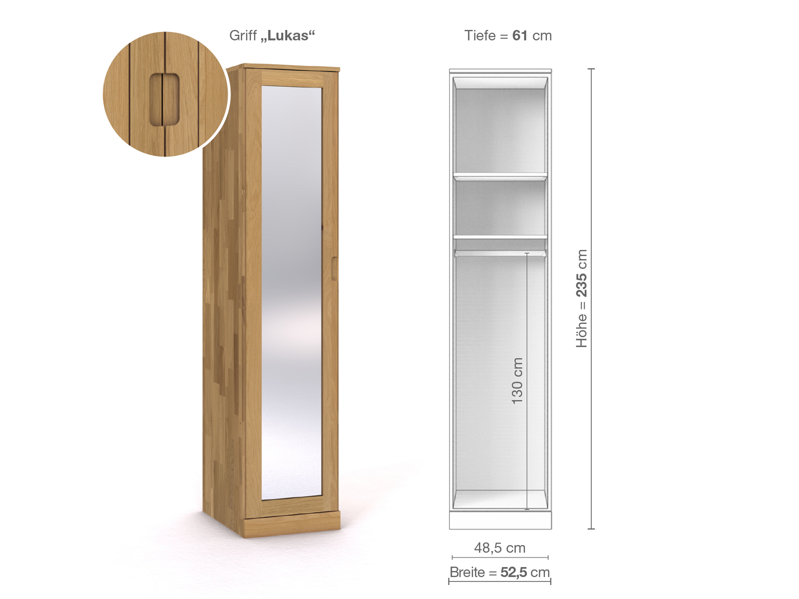 Schrank „Alpenrose“ aus Eiche Hell, 1-türig, Höhe 235 cm, Griffausführung „Lukas“, Inneneinrichtung A, Türanschlag links