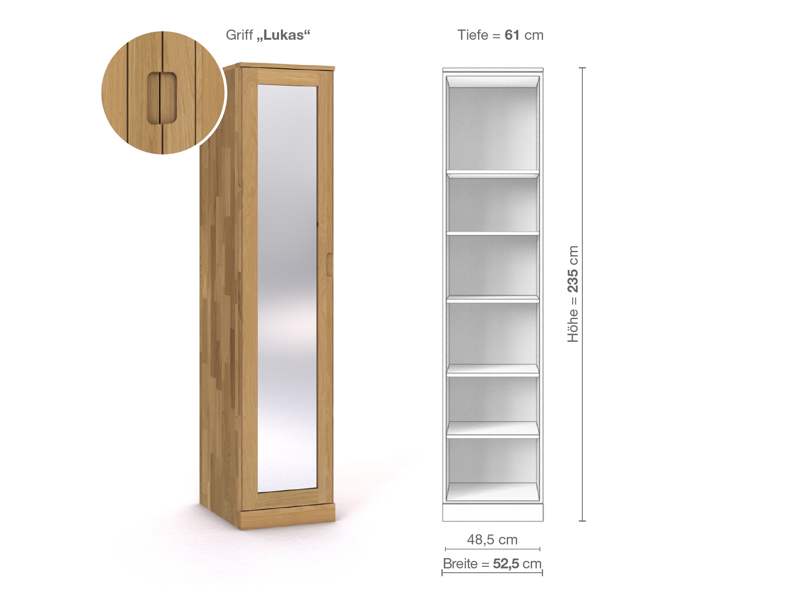 Schrank „Alpenrose“ aus Eiche Hell, 1-türig, Höhe 235 cm, Griffausführung „Lukas“, Inneneinrichtung B, Türanschlag links