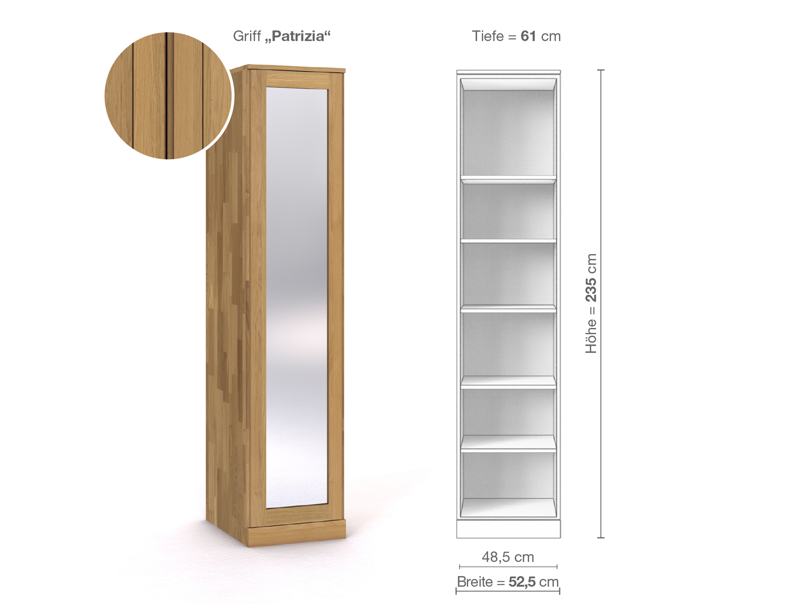 Schrank „Alpenrose“ aus Eiche Hell, 1-türig, Höhe 235 cm, Griffausführung „Patrizia“, Inneneinrichtung B, Türanschlag links