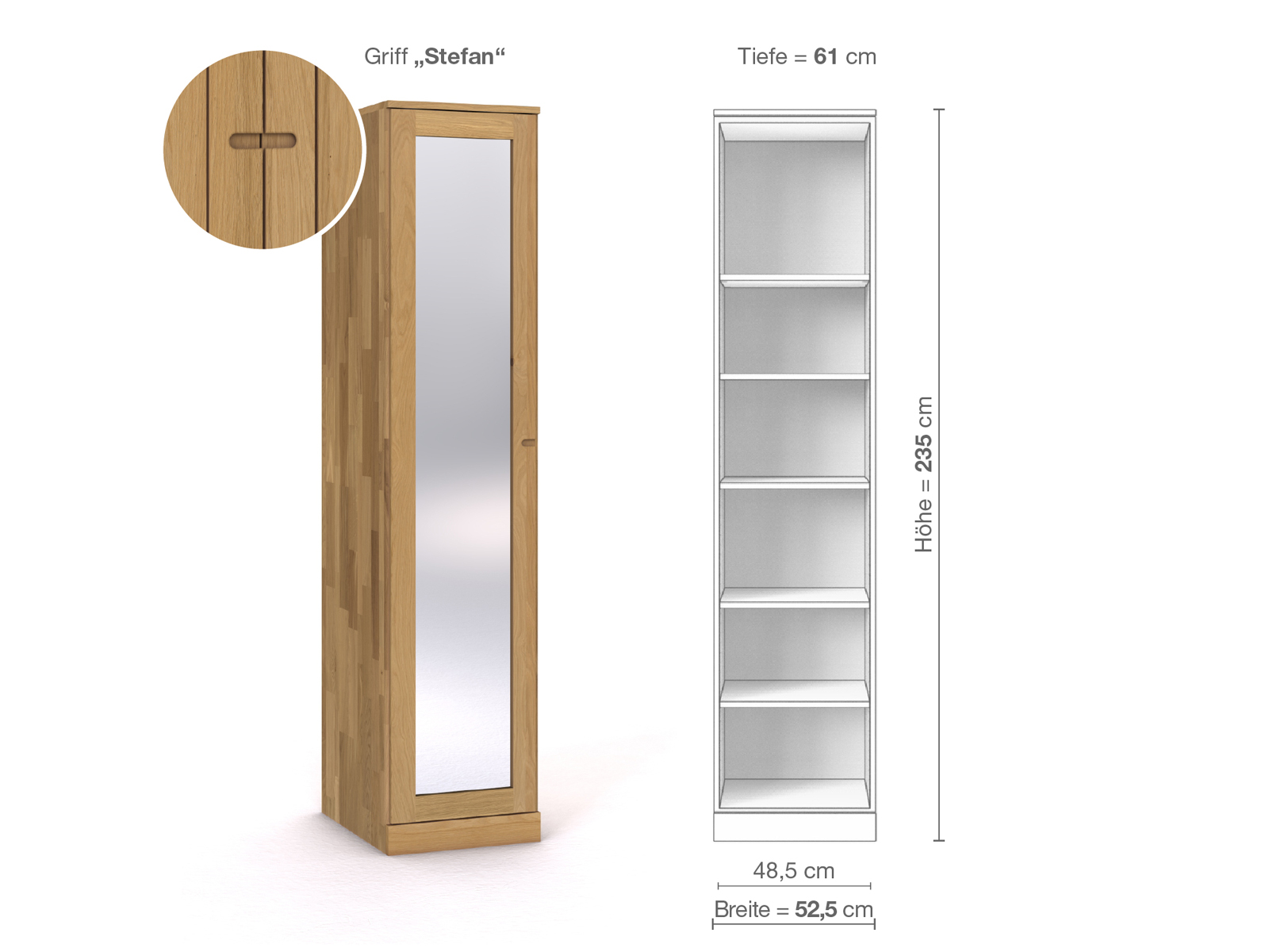 Schrank „Alpenrose“ aus Eiche Hell, 1-türig, Höhe 235 cm, Griffausführung „Stefan“, Inneneinrichtung B, Türanschlag links