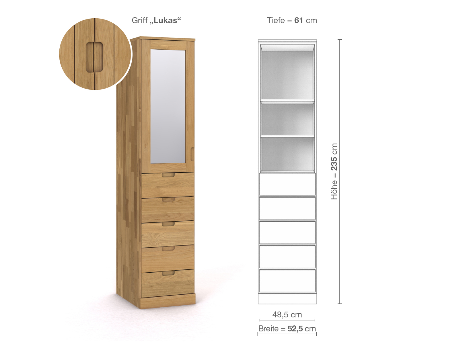 Schrank „Alpenrose“ aus Eiche Hell, 1-türig, Höhe 235 cm, Griffausführung „Lukas“, Inneneinrichtung D, Türanschlag links