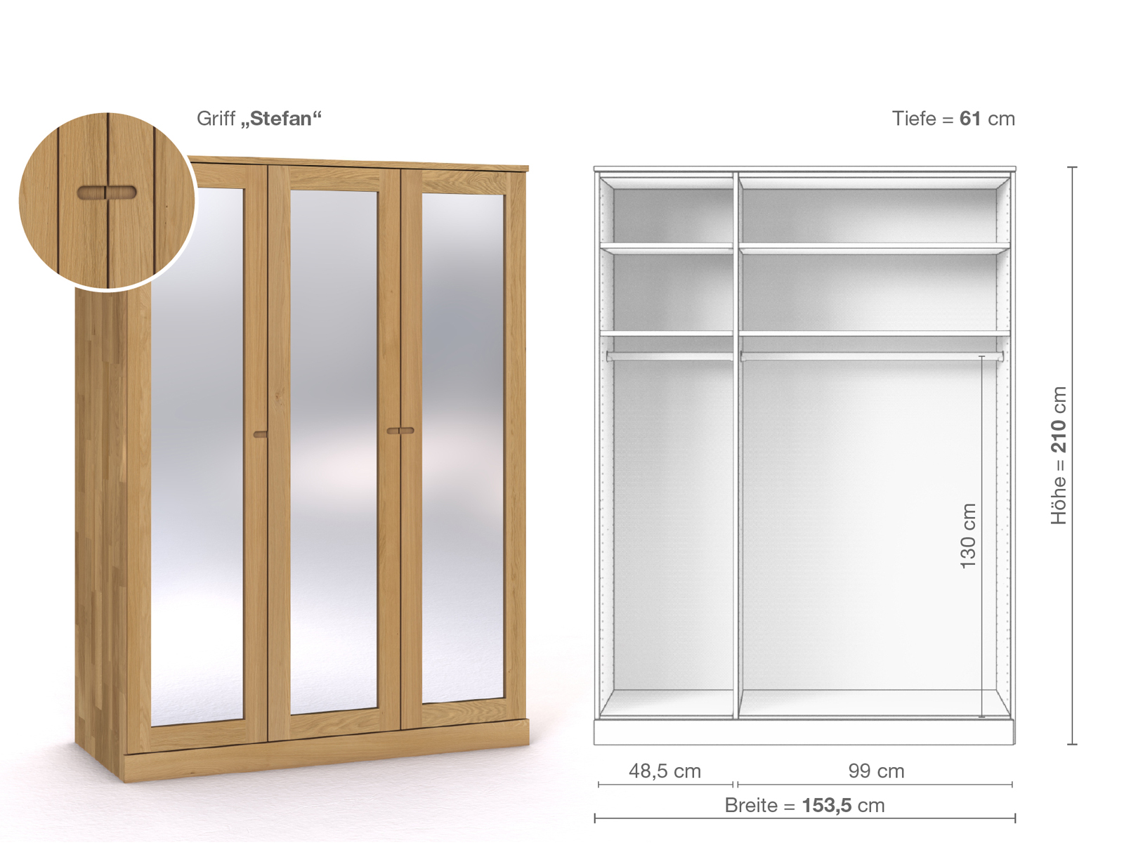 Schrank „Alpenrose“ aus Eiche Hell, 3-türig, Höhe 210 cm, Griffausführung „Stefan“, Inneneinrichtung A