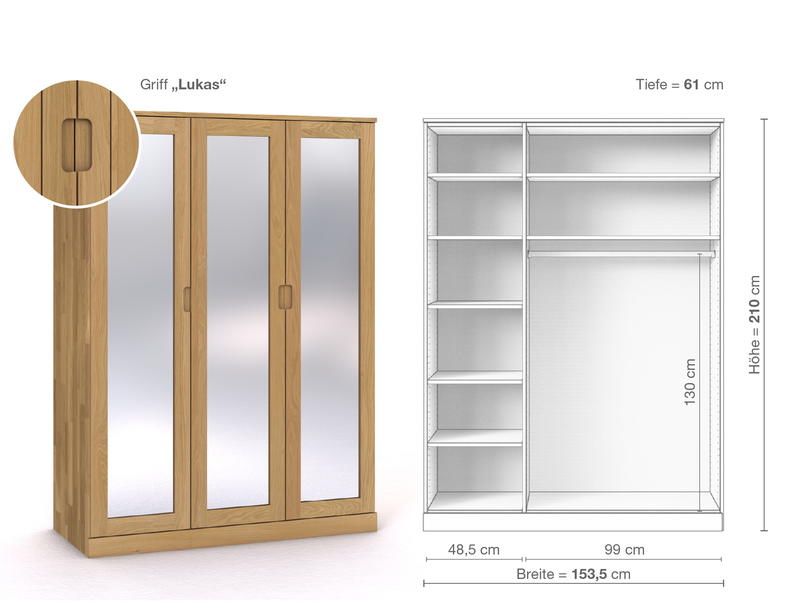 Schrank „Alpenrose“ aus Eiche Hell, 3-türig, Höhe 210 cm, Griffausführung „Lukas“, Inneneinrichtung B