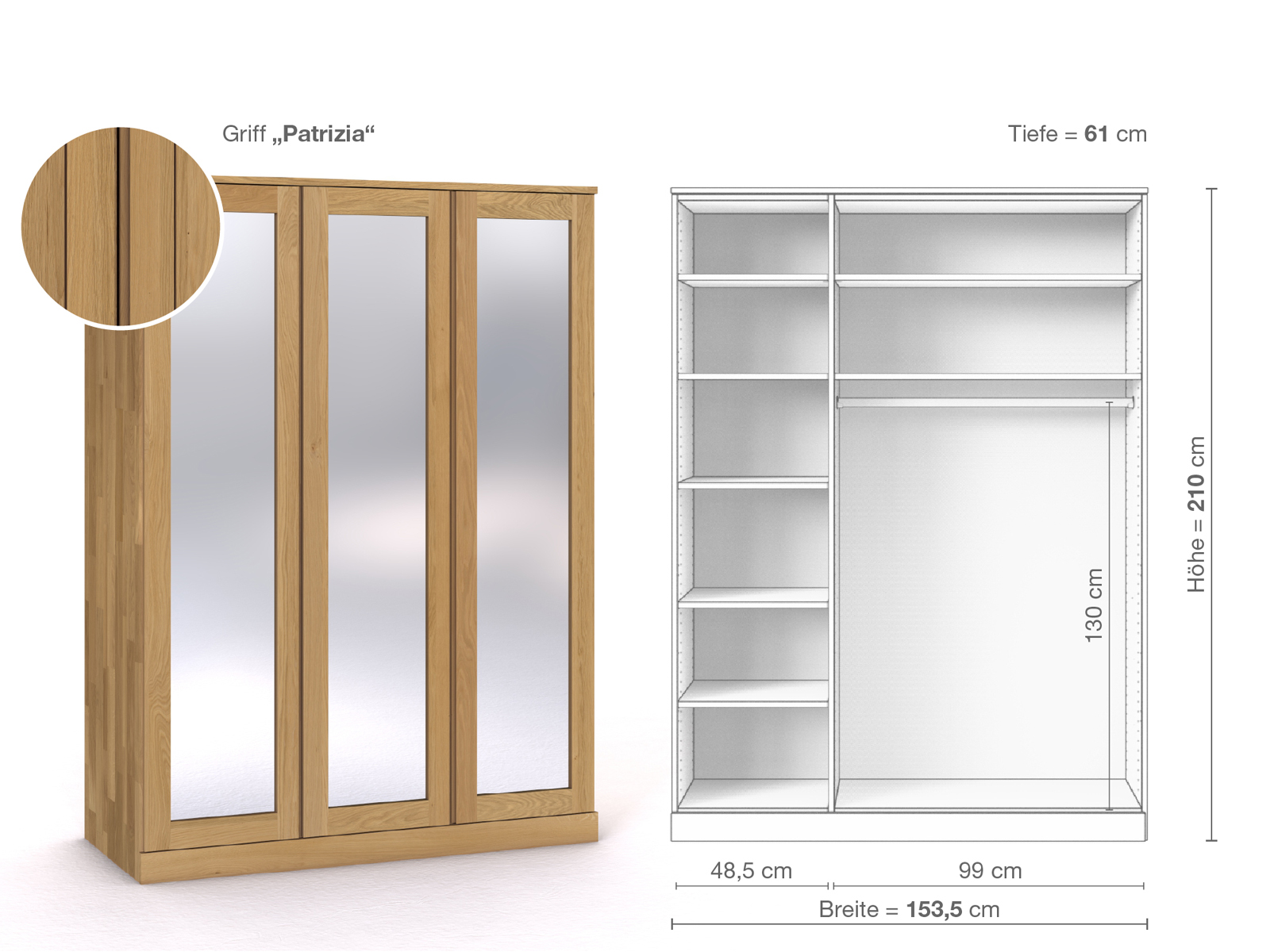 Schrank „Alpenrose“ aus Eiche Hell, 3-türig, Höhe 210 cm, Griffausführung „Patrizia“, Inneneinrichtung B