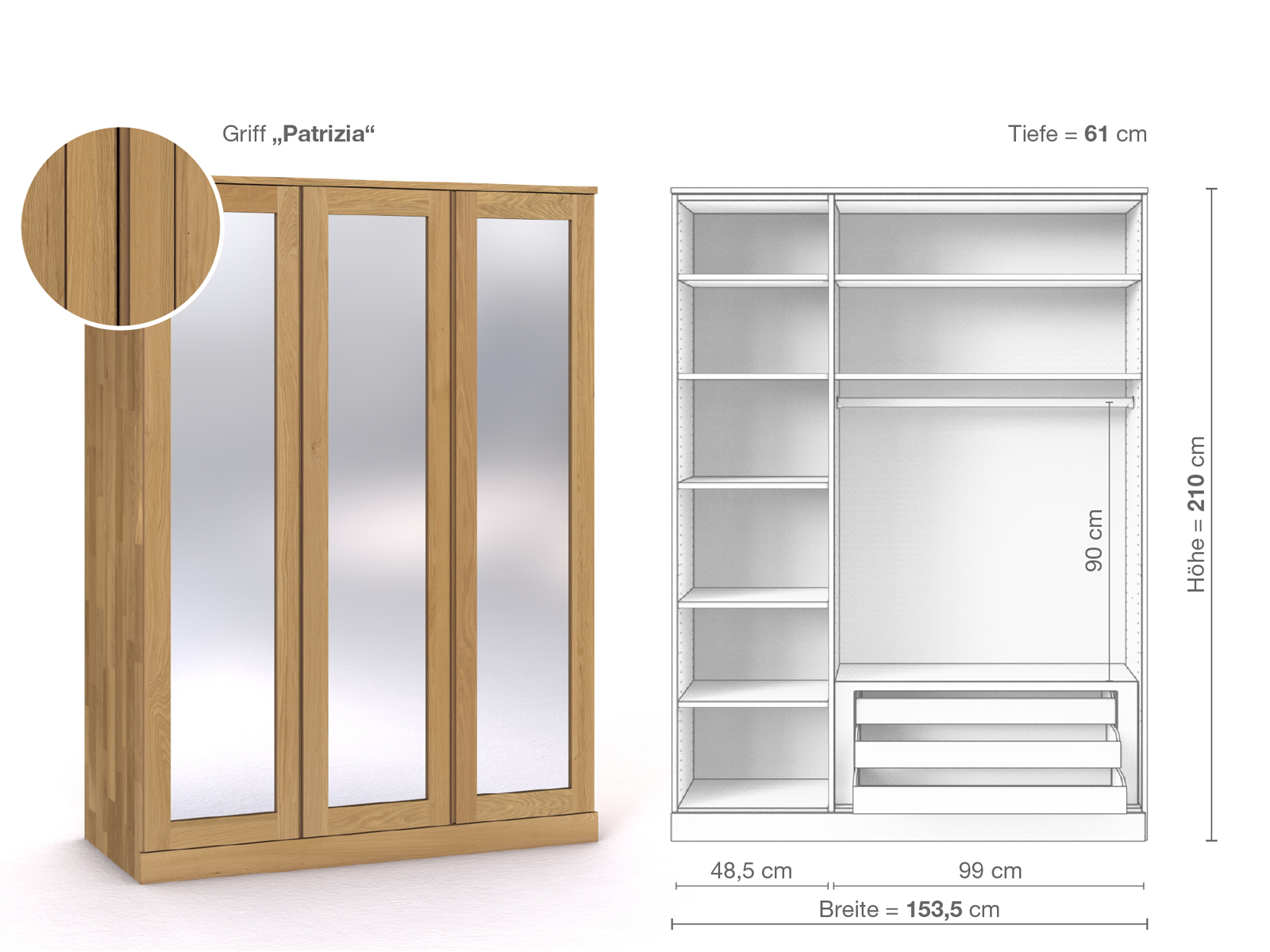 Schrank „Alpenrose“ aus Eiche Hell, 3-türig, Höhe 210 cm, Griffausführung „Patrizia“, Inneneinrichtung C