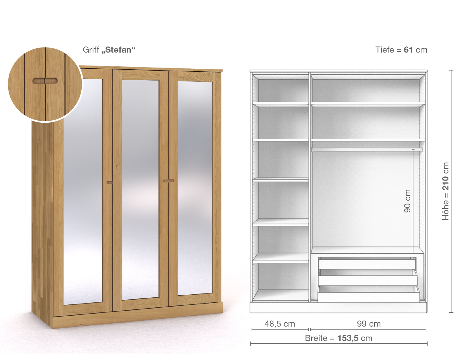 Schrank „Alpenrose“ aus Eiche Hell, 3-türig, Höhe 210 cm, Griffausführung „Stefan“, Inneneinrichtung C