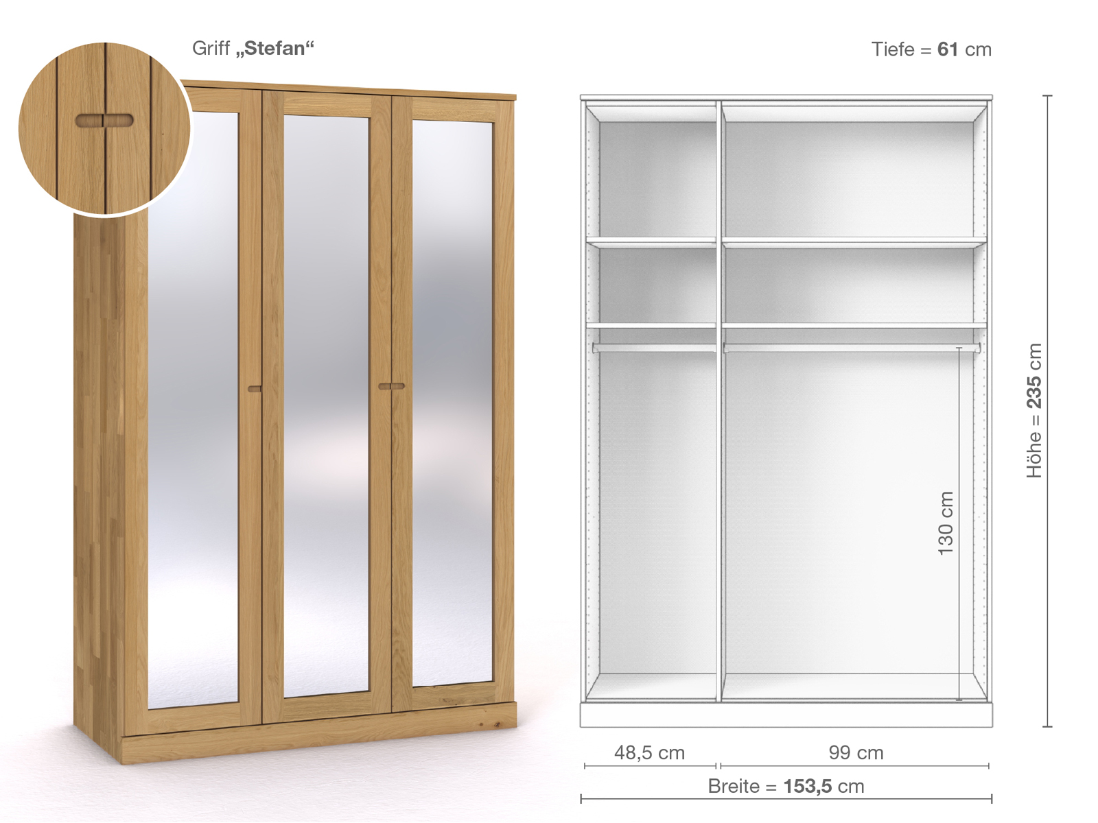 Schrank „Alpenrose“ aus Eiche Hell, 3-türig, Höhe 235 cm, Griffausführung „Stefan“, Inneneinrichtung A