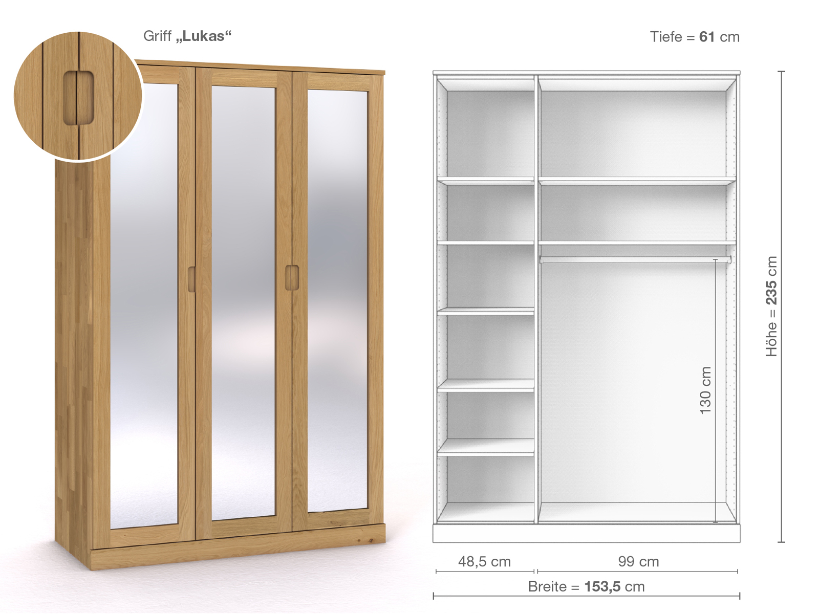 Schrank „Alpenrose“ aus Eiche Hell, 3-türig, Höhe 235 cm, Griffausführung „Lukas“, Inneneinrichtung B