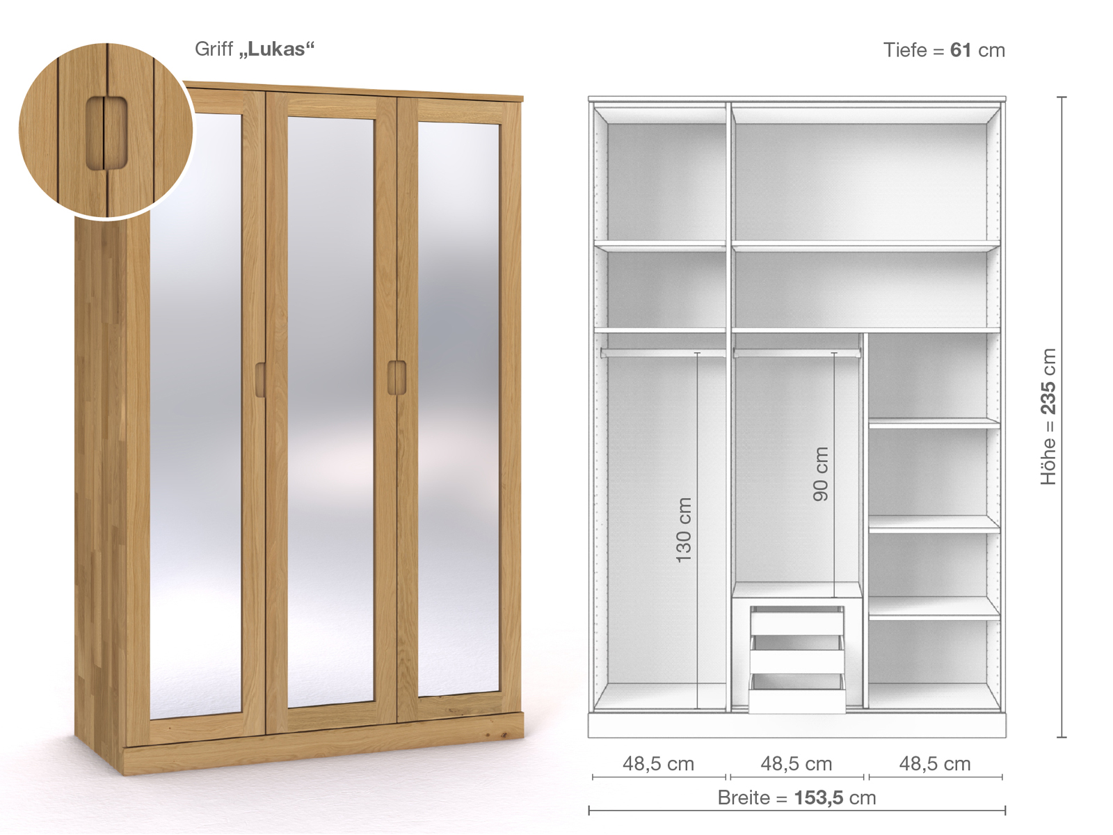 Schrank „Alpenrose“ aus Eiche Hell, 3-türig, Höhe 235 cm, Griffausführung „Lukas“, Inneneinrichtung D