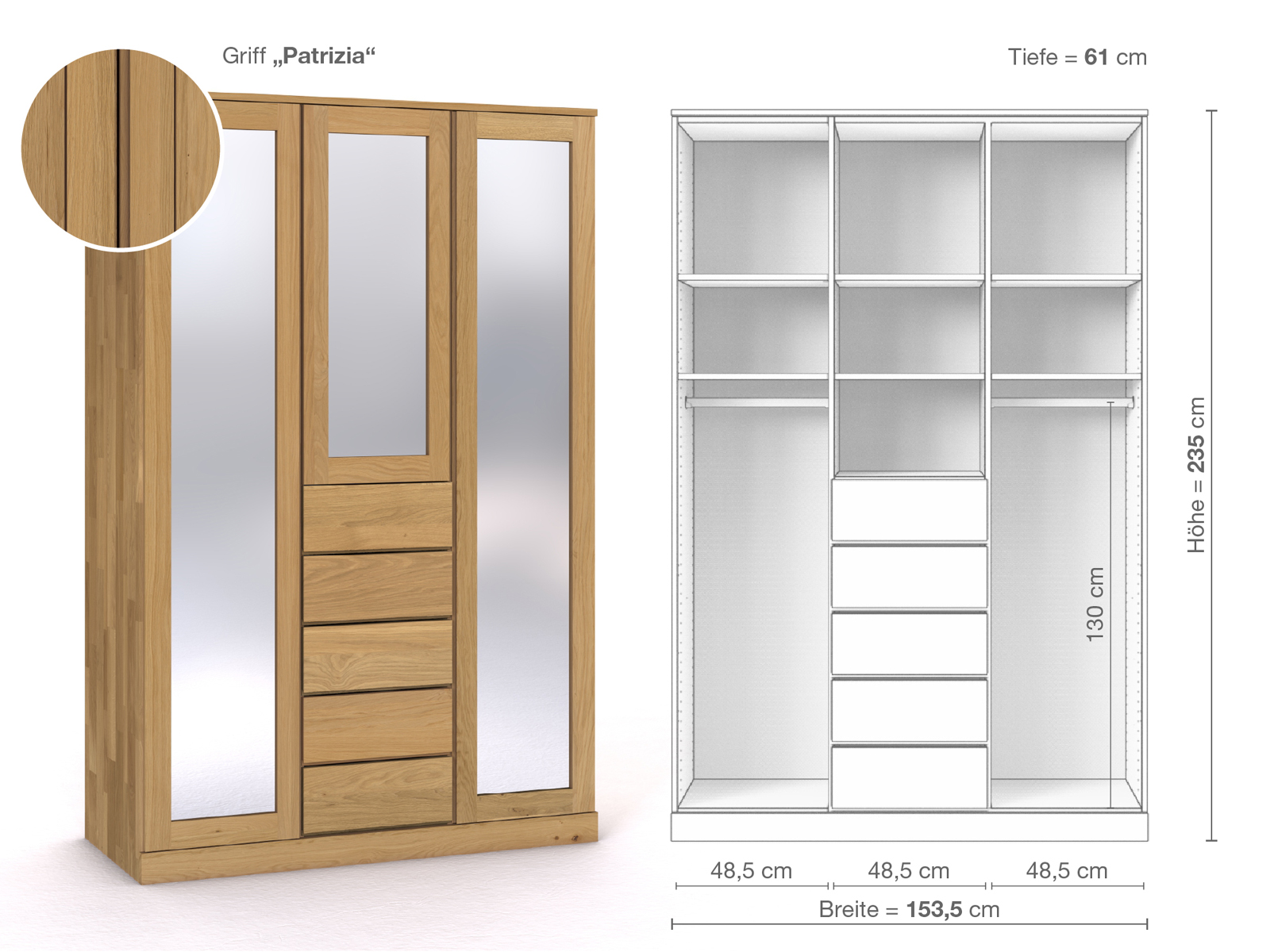 Schrank „Alpenrose“ aus Eiche Hell, 3-türig, Höhe 235 cm, Griffausführung „Patrizia“, Inneneinrichtung E