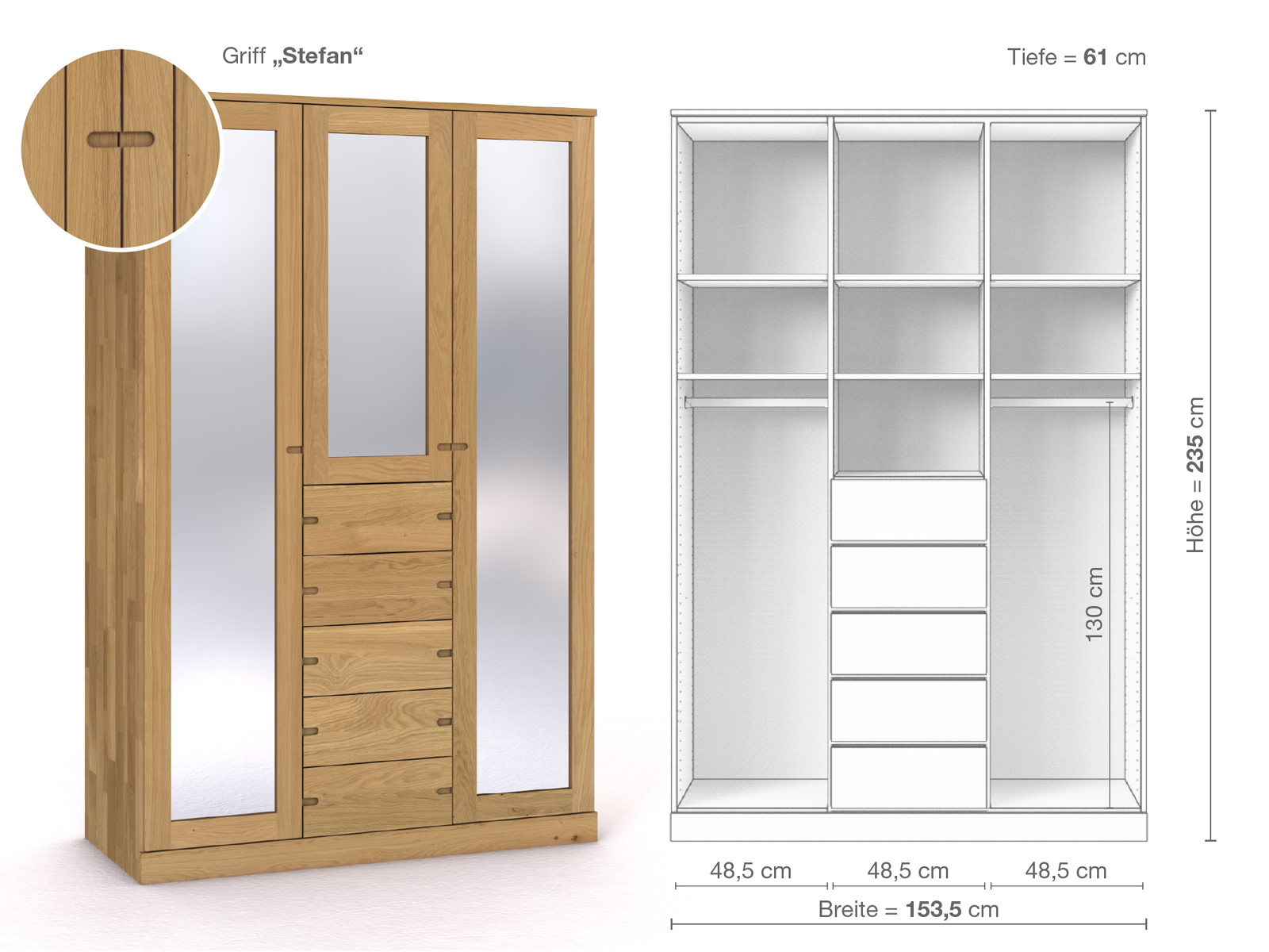 Schrank „Alpenrose“ aus Eiche Hell, 3-türig, Höhe 235 cm, Griffausführung „Stefan“, Inneneinrichtung E