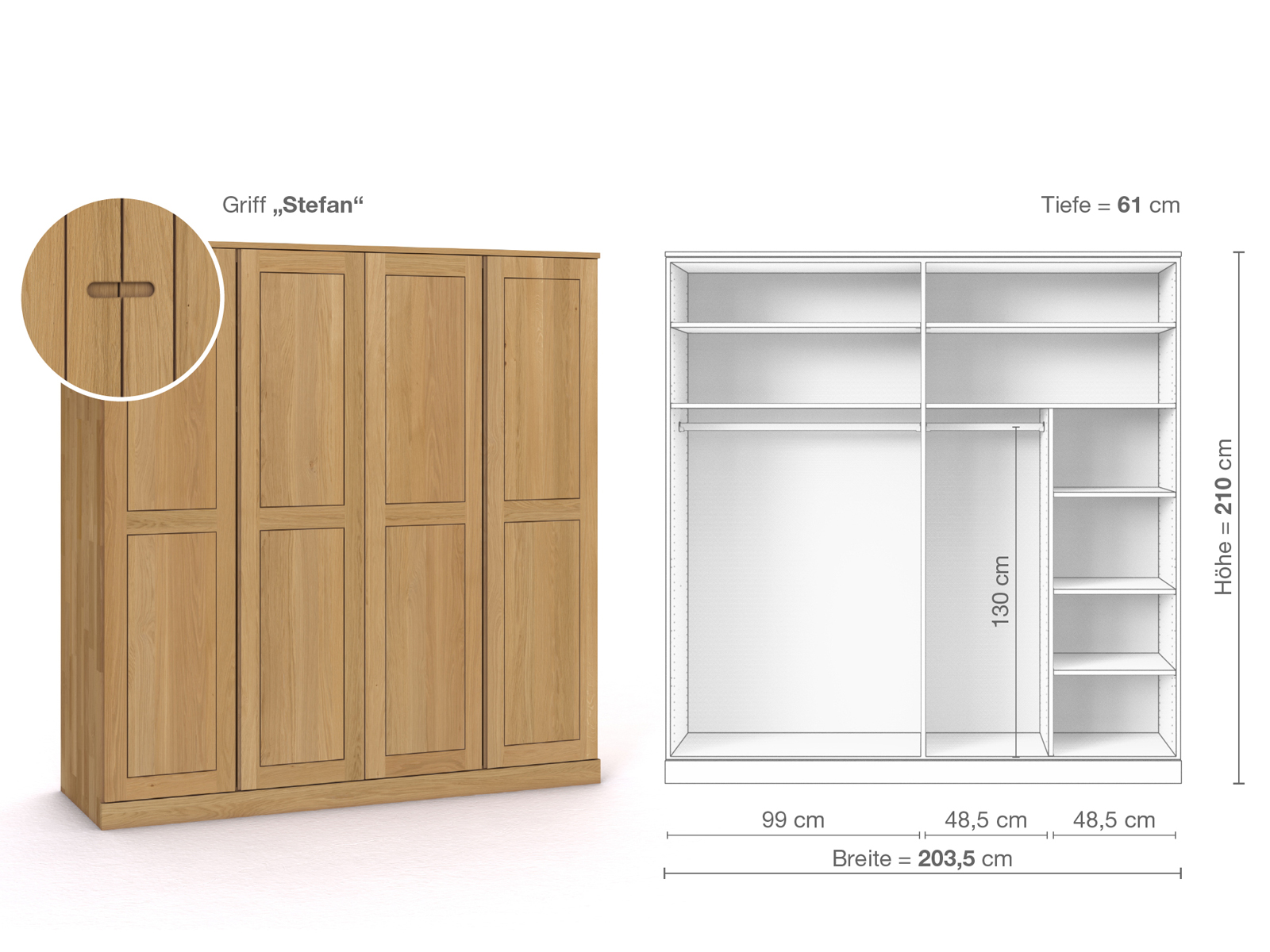 Schrank „Edelweiß“ aus Eiche Hell, 4-türig, Höhe 210 cm, Griffausführung „Stefan“, Inneneinrichtung B