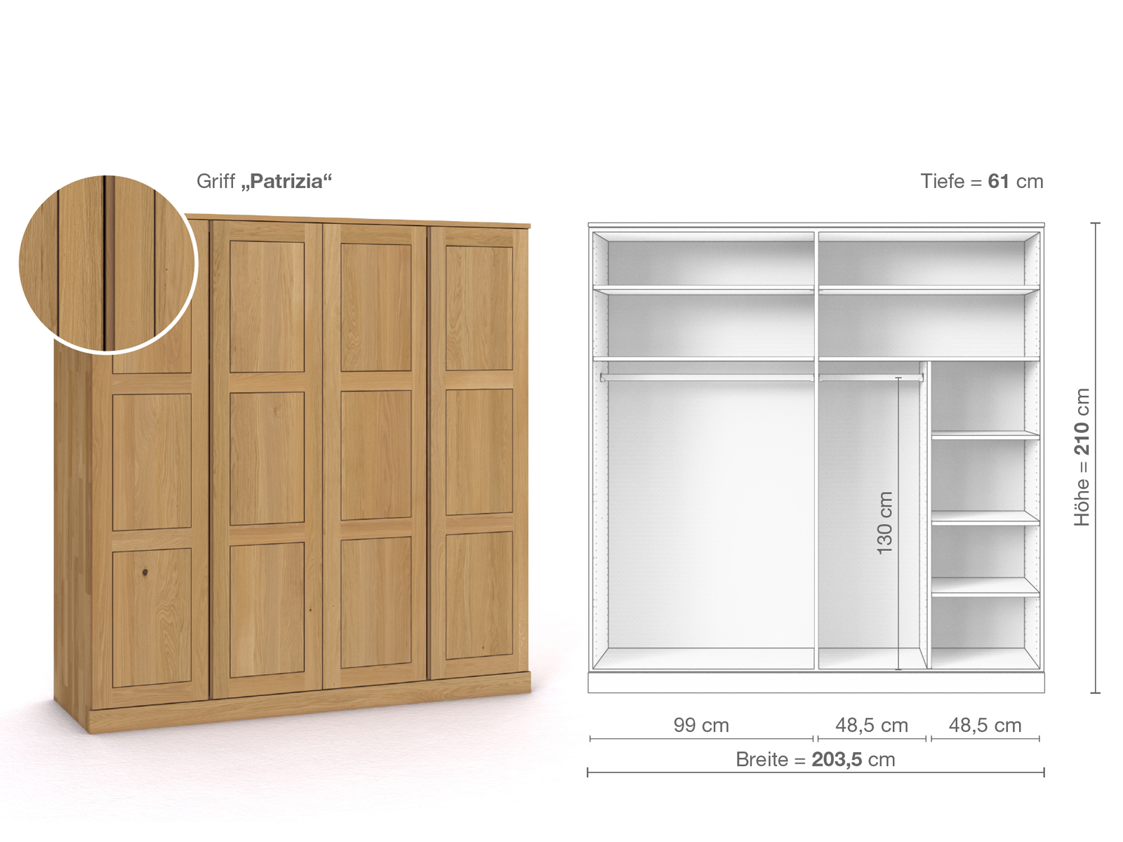 Schrank „Enzian“ aus Eiche Hell, 4-türig, Höhe 210 cm, Griffausführung „Patrizia“, Inneneinrichtung B