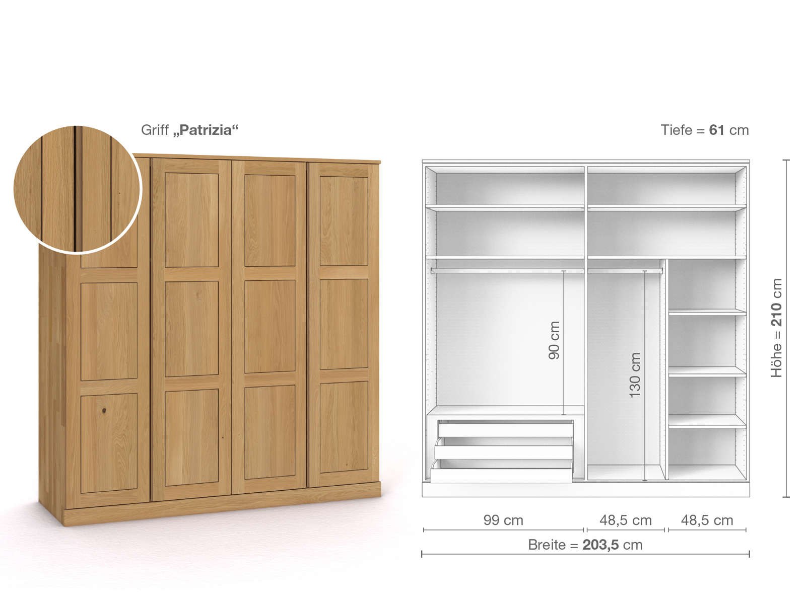 Schrank „Enzian“ aus Eiche Hell, 4-türig, Höhe 210 cm, Griffausführung „Patrizia“, Inneneinrichtung C