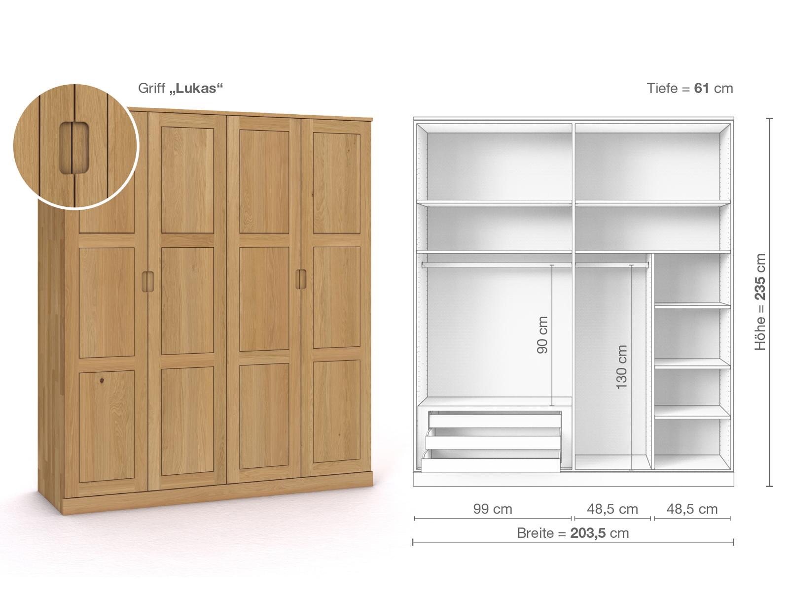 Schrank „Enzian“ aus Eiche Hell, 4-türig, Höhe 235 cm, Griffausführung „Lukas“, Inneneinrichtung C