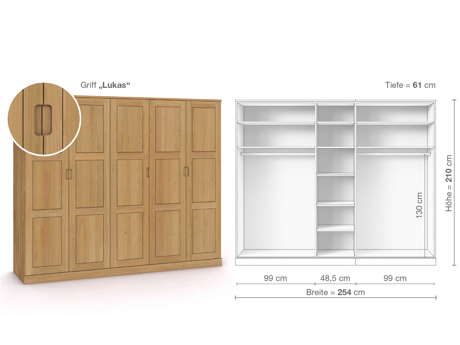 Schrank „Enzian“ aus Eiche Hell, 5-türig, Höhe 210 cm, Griffausführung „Lukas“, Inneneinrichtung B