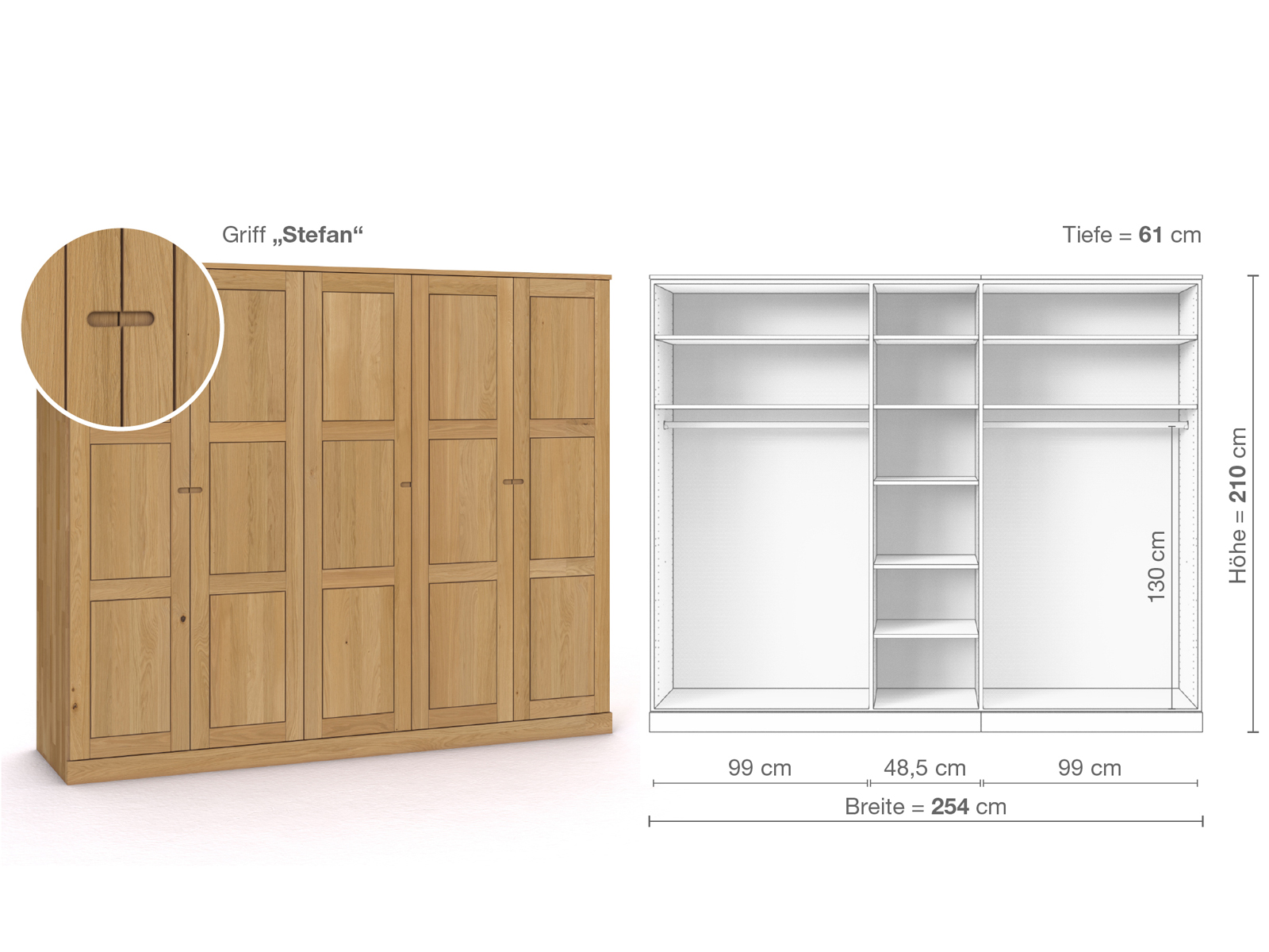 Schrank „Enzian“ aus Eiche Hell, 5-türig, Höhe 210 cm, Griffausführung „Stefan“, Inneneinrichtung B