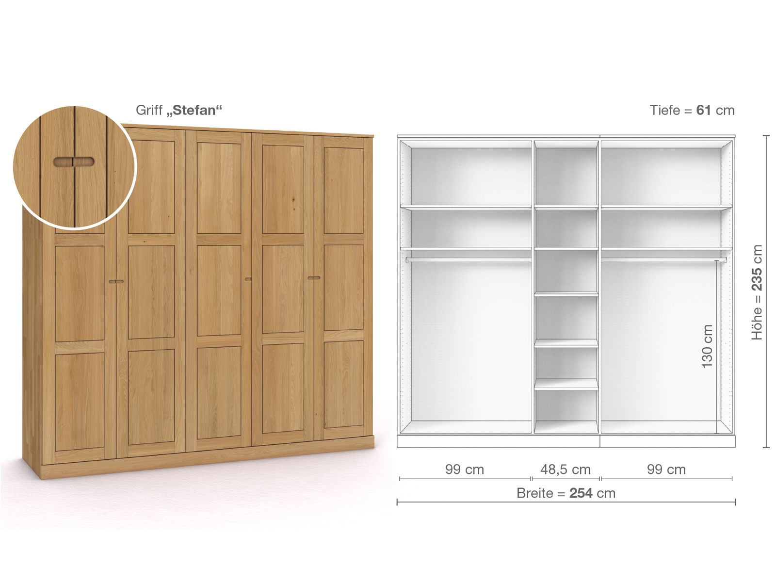 Schrank „Enzian“ aus Eiche Hell, 5-türig, Höhe 235 cm, Griffausführung „Stefan“, Inneneinrichtung B