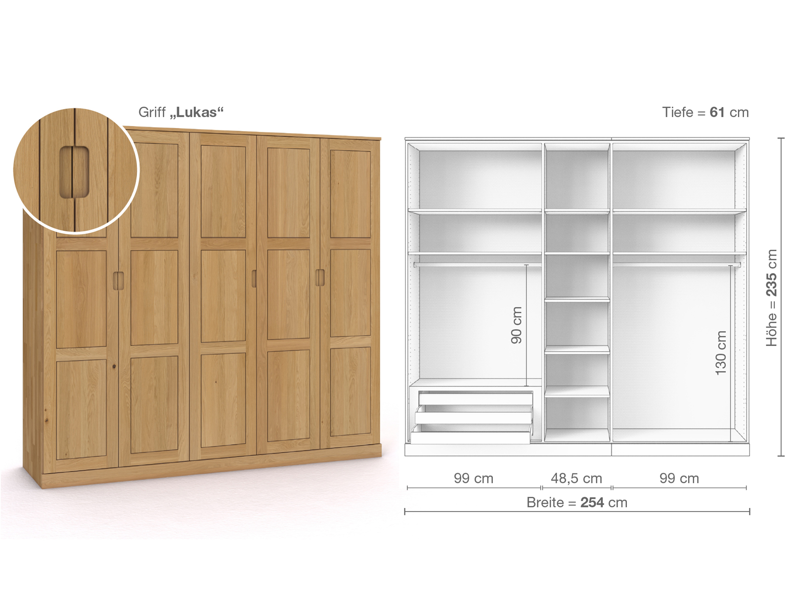 Schrank „Enzian“ aus Eiche Hell, 5-türig, Höhe 235 cm, Griffausführung „Lukas“, Inneneinrichtung C