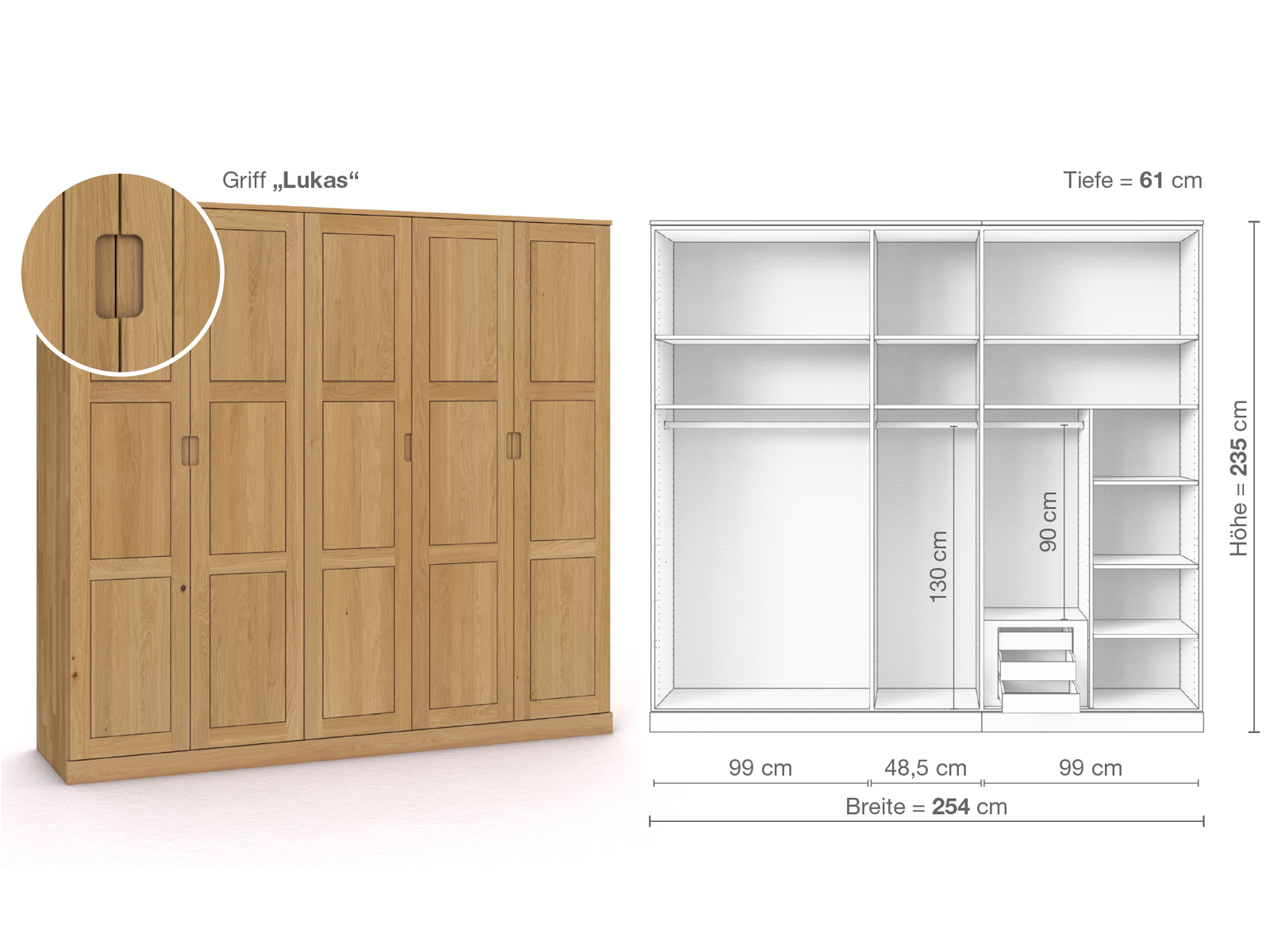 Schrank „Enzian“ aus Eiche Hell, 5-türig, Höhe 235 cm, Griffausführung „Lukas“, Inneneinrichtung D