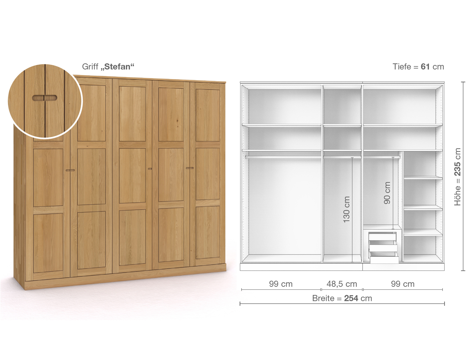 Schrank „Enzian“ aus Eiche Hell, 5-türig, Höhe 235 cm, Griffausführung „Stefan“, Inneneinrichtung D