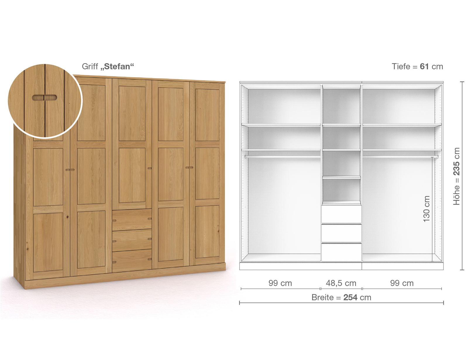 Schrank „Enzian“ aus Eiche Hell, 5-türig, Höhe 235 cm, Griffausführung „Stefan“, Inneneinrichtung E