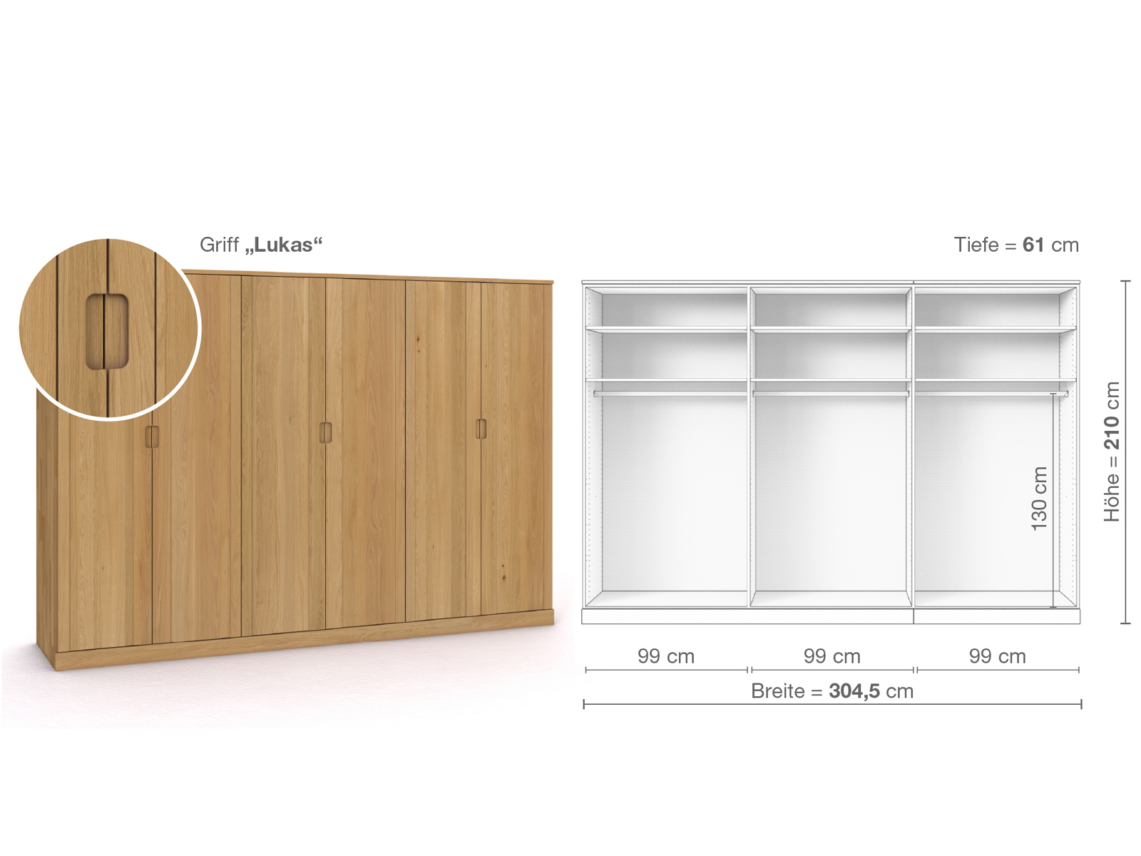 Schrank „Arnika“ aus Eiche Hell, 6-türig, Höhe 210 cm, Griffausführung „Lukas“, Inneneinrichtung A