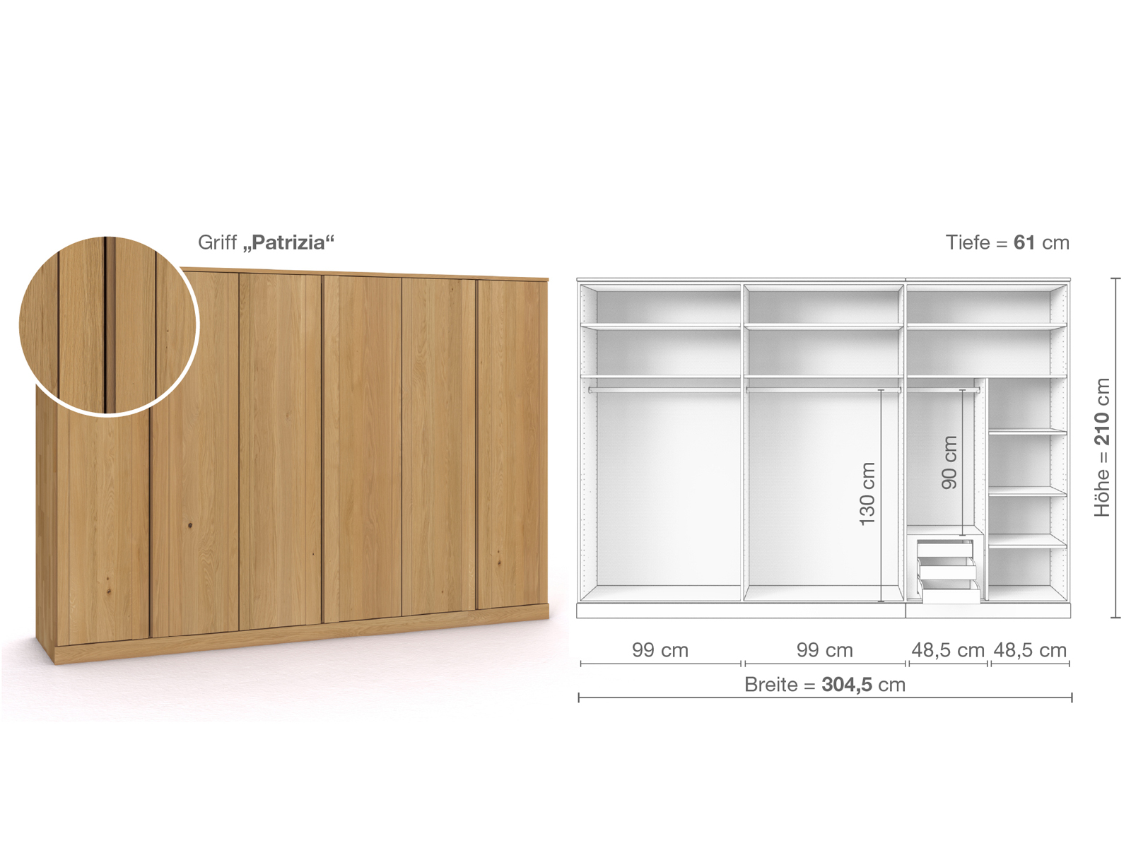 Schrank „Arnika“ aus Eiche Hell, 6-türig, Höhe 210 cm, Griffausführung „Patrizia“, Inneneinrichtung C