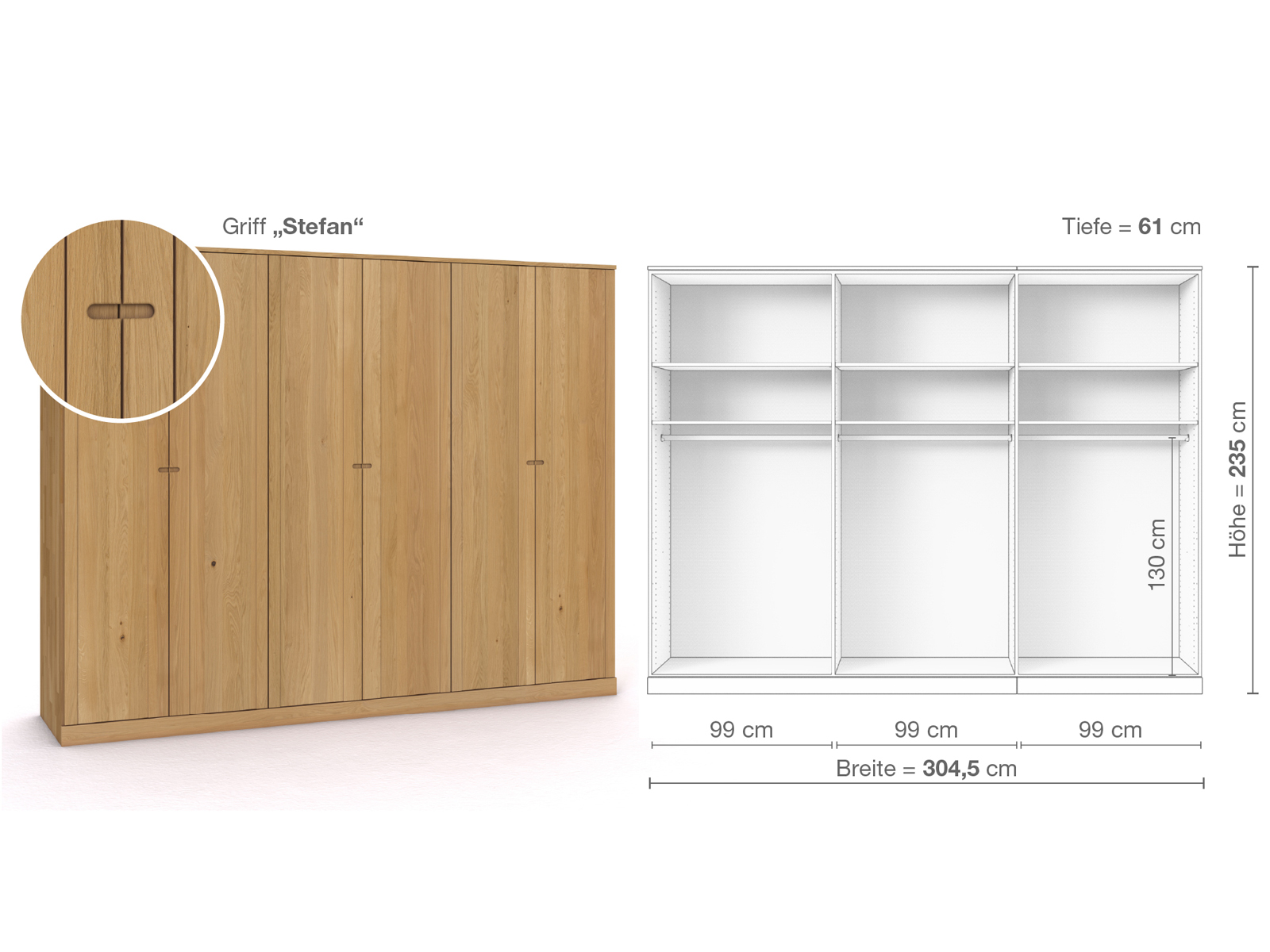 Schrank „Arnika“ aus Eiche Hell, 6-türig, Höhe 235 cm, Griffausführung „Stefan“, Inneneinrichtung A