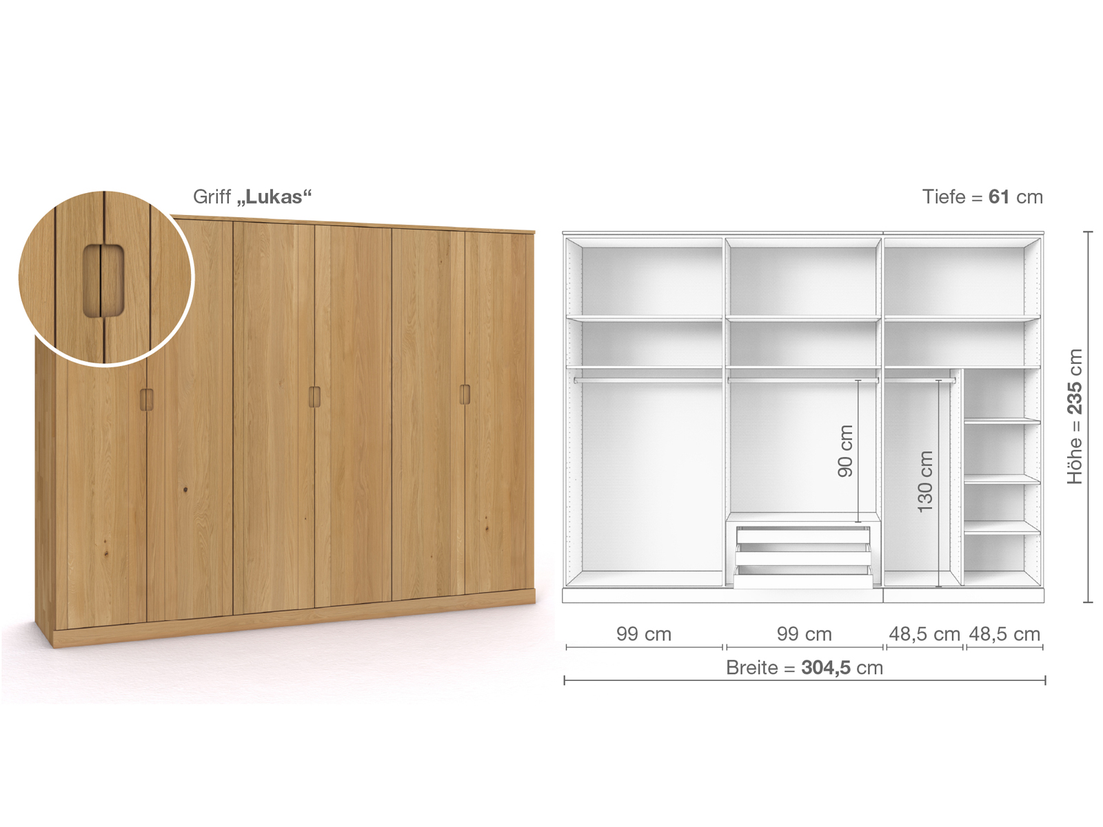 Schrank „Arnika“ aus Eiche Hell, 6-türig, Höhe 235 cm, Griffausführung „Lukas“, Inneneinrichtung B