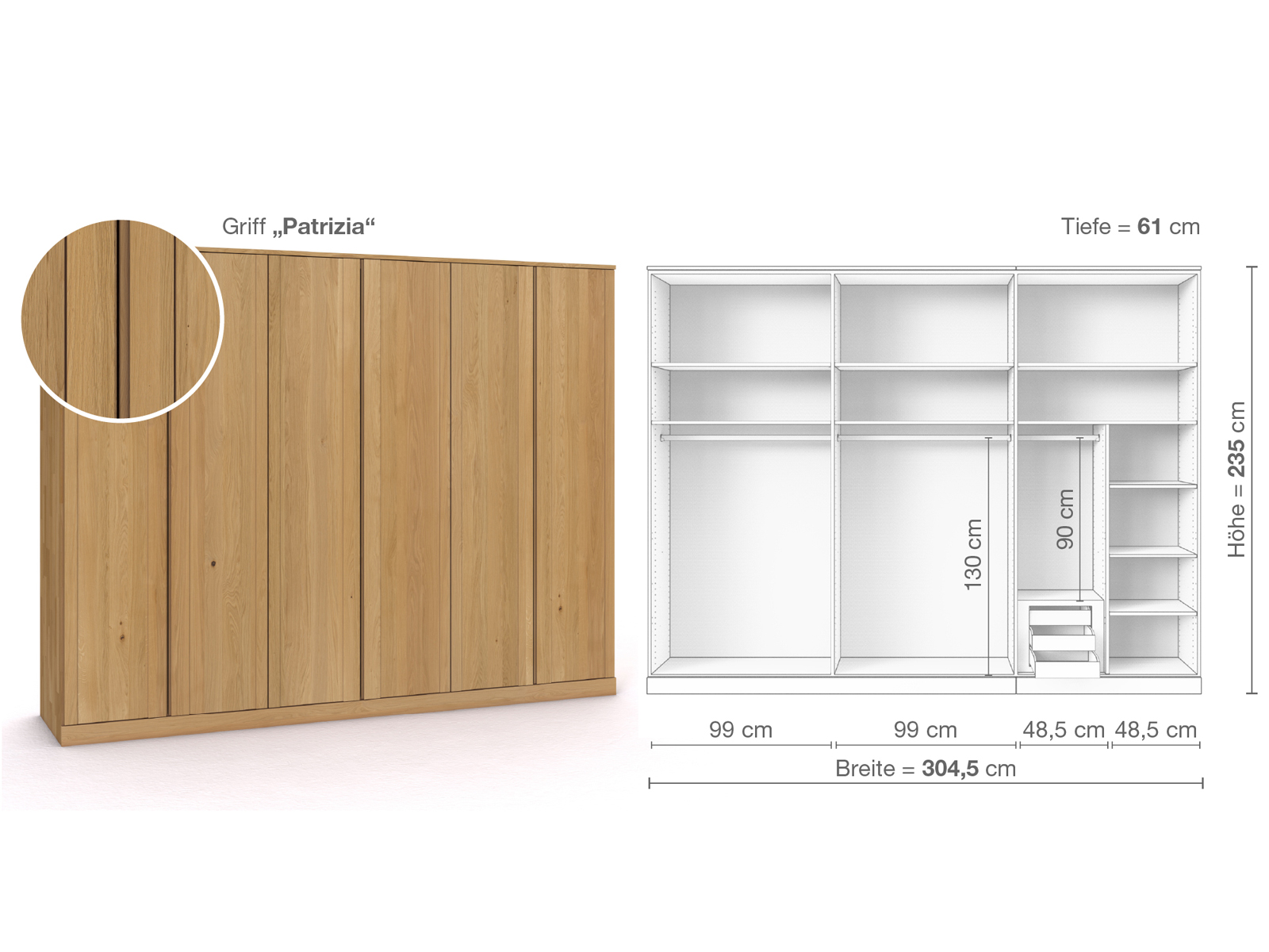 Schrank „Arnika“ aus Eiche Hell, 6-türig, Höhe 235 cm, Griffausführung „Patrizia“, Inneneinrichtung C