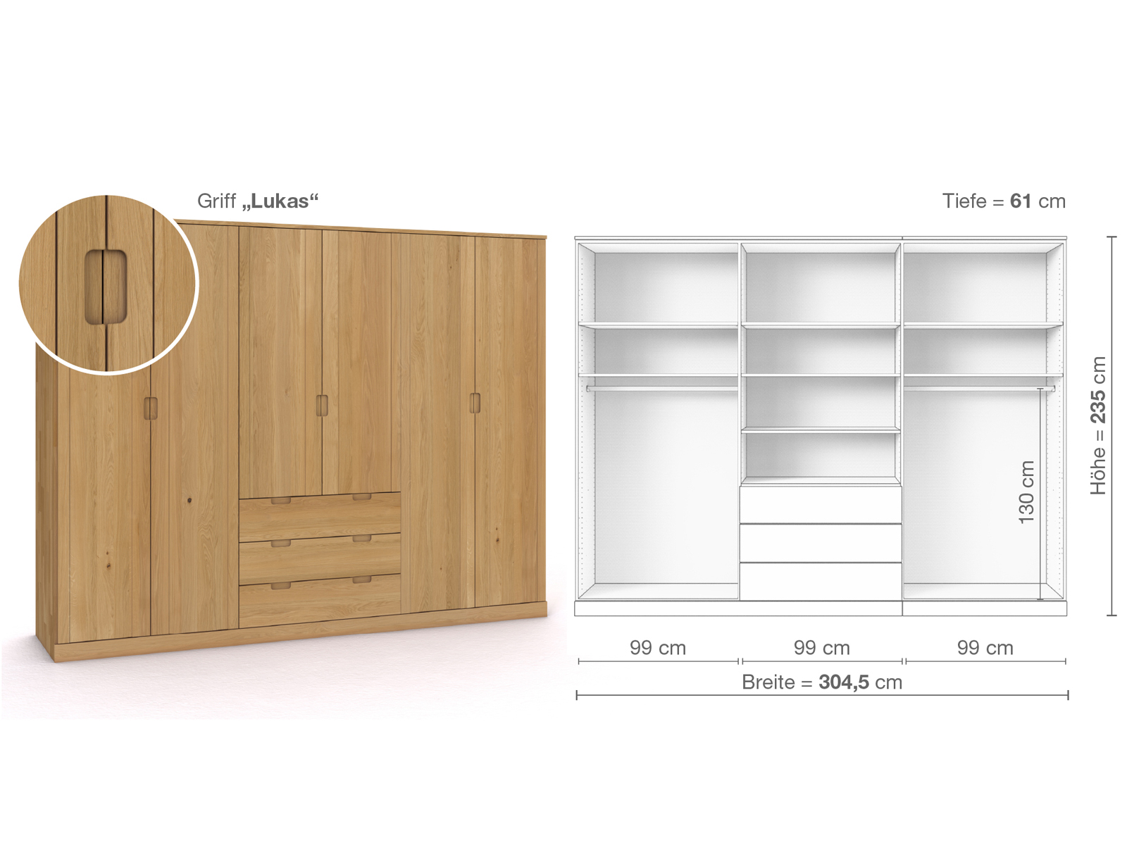 Schrank „Arnika“ aus Eiche Hell, 6-türig, Höhe 235 cm, Griffausführung „Lukas“, Inneneinrichtung D