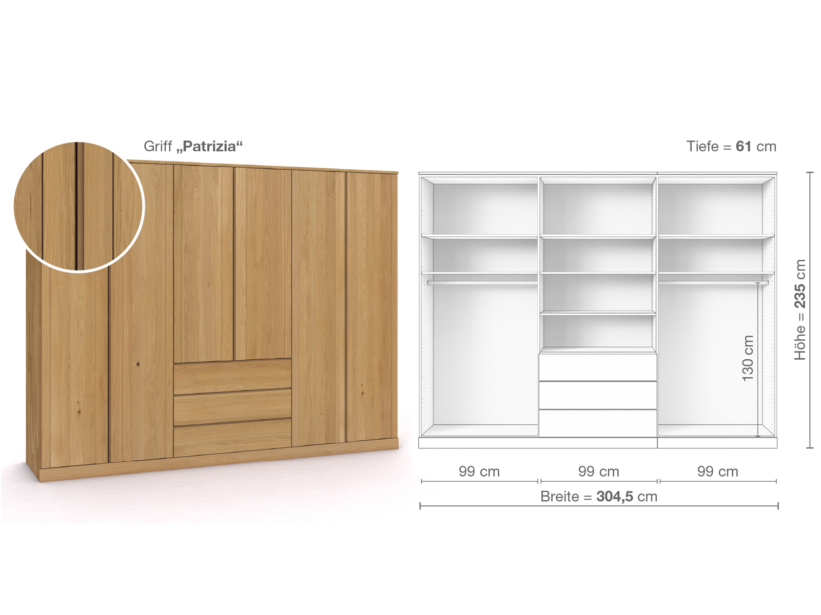 Schrank „Arnika“ aus Eiche Hell, 6-türig, Höhe 235 cm, Griffausführung „Patrizia“, Inneneinrichtung D