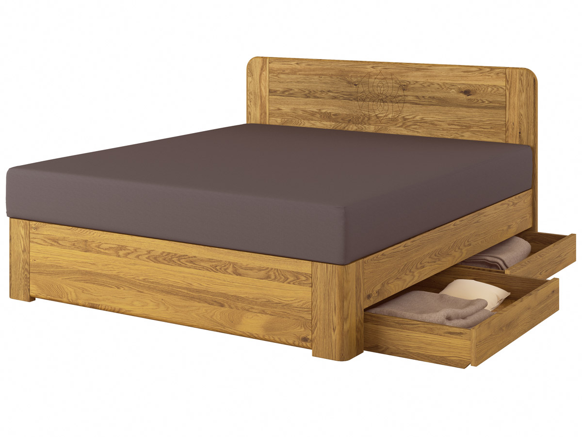 Eichenholzbett „Niklas" Boxspring mit Gravur mit zwei Unterbettkommoden (2 x 91 cm) rechts