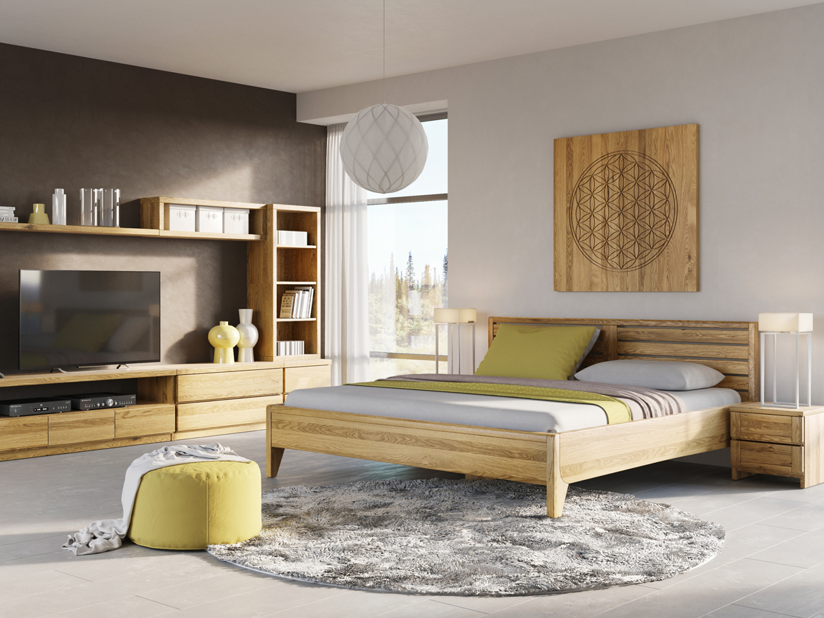 Eichenschlafzimmer mit Eichenbett "Nina" 180 x 200 cm - Eichenholz, metallfrei