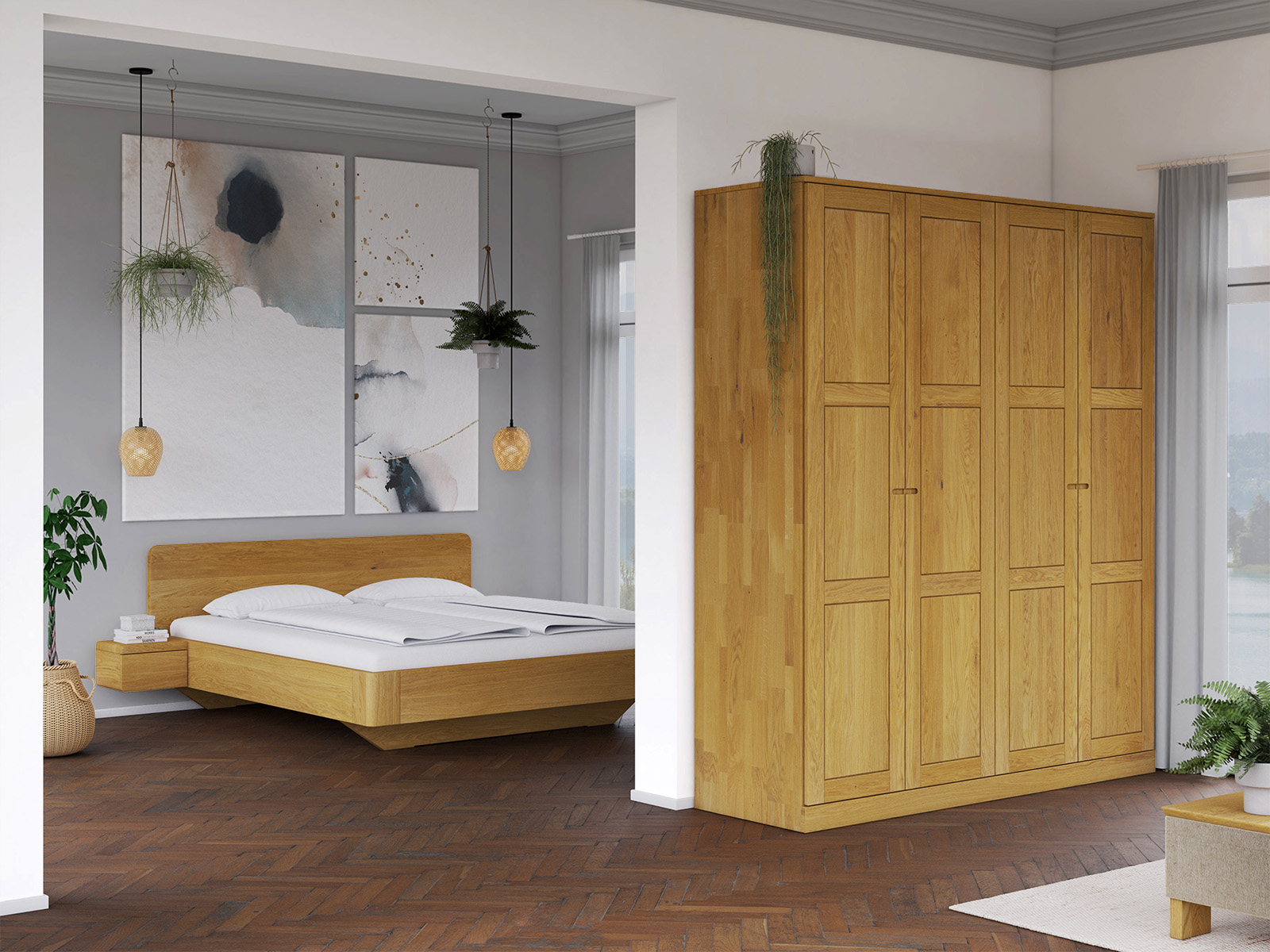 Schlafzimmer mit Eichenschrank „Enzian“, 4-türig, Höhe 235 cm, Griffausführung „Stefan“