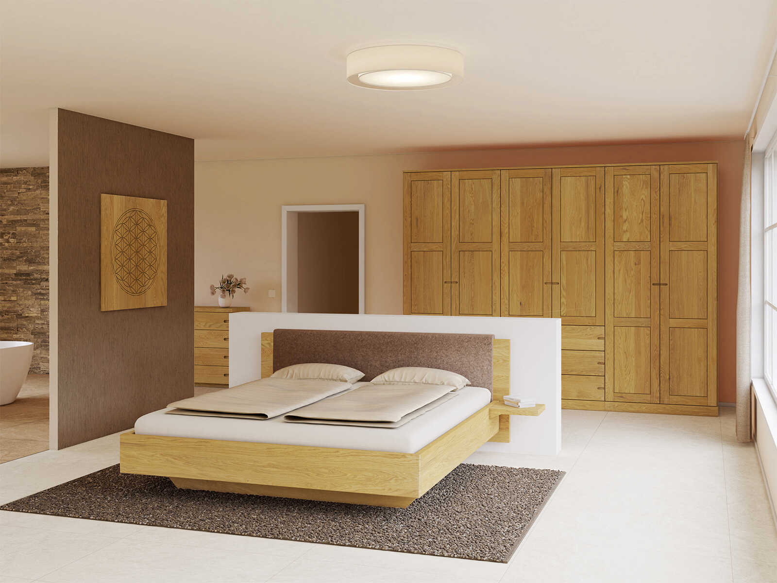 Schlafzimmer mit Eichenschrank „Enzian“, 6-türig, Höhe 235 cm, Griffausführung „Stefan“