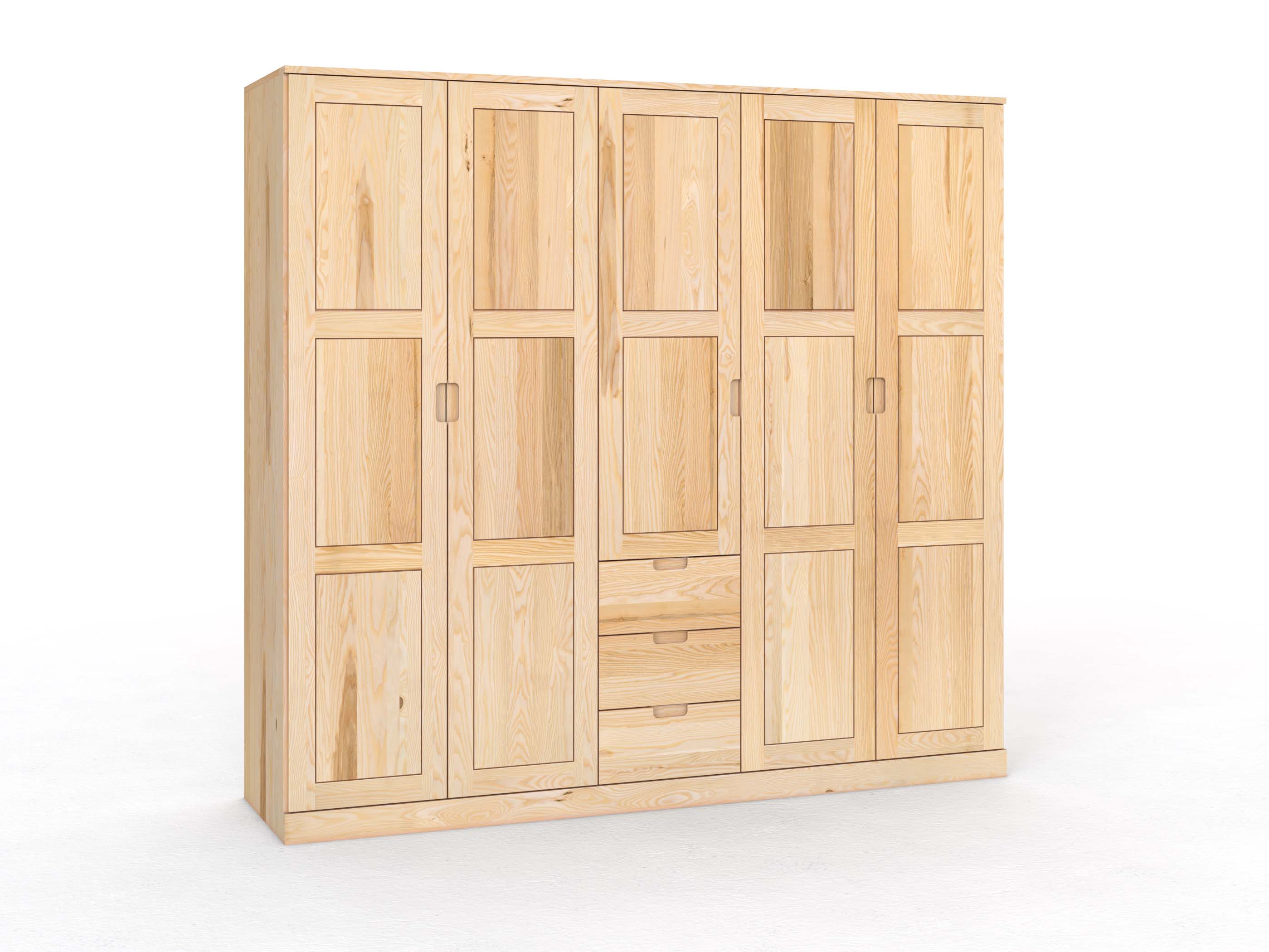 Eschenschrank „Enzian“, 5-türig, Höhe 235 cm, Griffleiste C („Lukas"), mit Schubladen